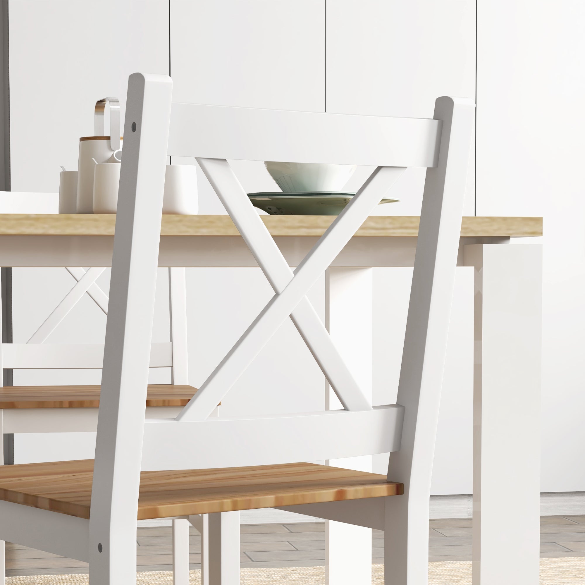 Lot de 4 chaises de salle à manger, chaises de cuisine, style maison de campagne, dossier haut, cadre en bois de pin, pour salon, chambre, cuisine, bois naturel et blanc