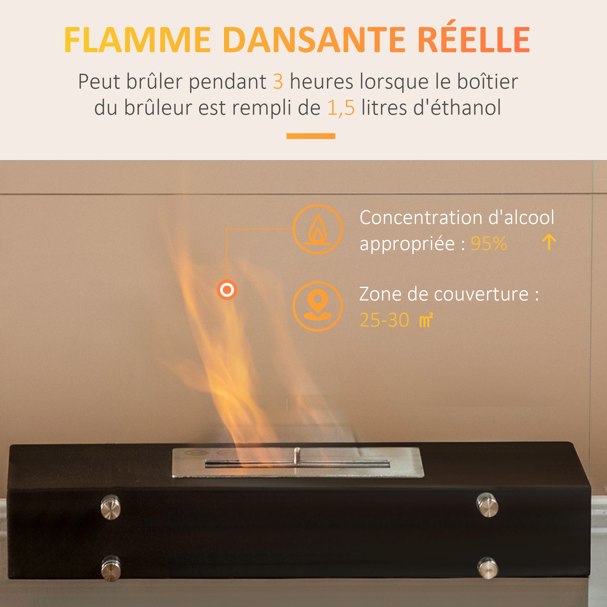 Cheminée éthanol à Poser en métal et Verre trempé avec réservoir 1,5 L, environ 3 h de durée de combustion Couverture 25 m² - dim. 60L x 26l x 50H cm