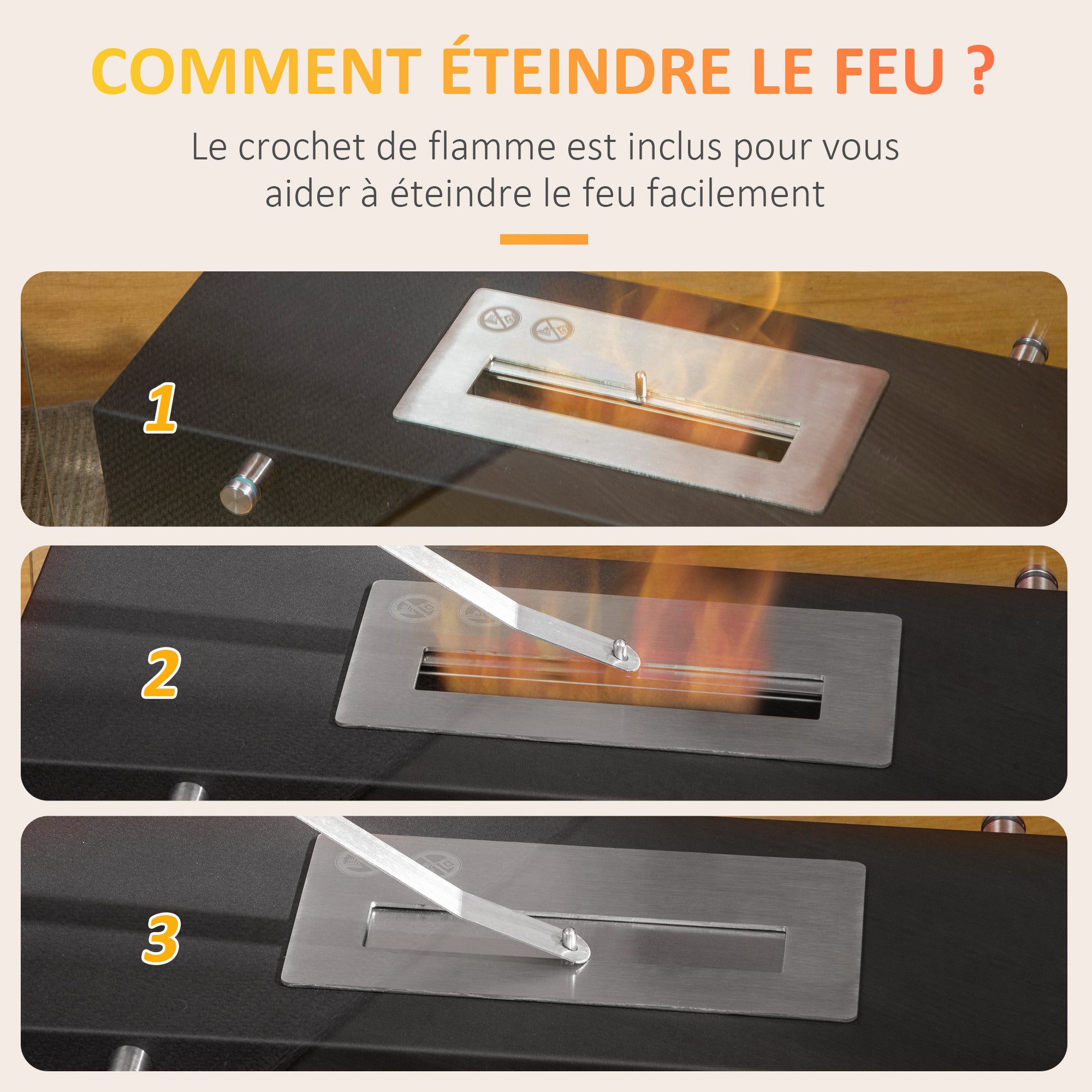 Cheminée éthanol à Poser en métal et Verre trempé avec réservoir 1,5 L, environ 3 h de durée de combustion Couverture 25 m² - dim. 60L x 26l x 50H cm