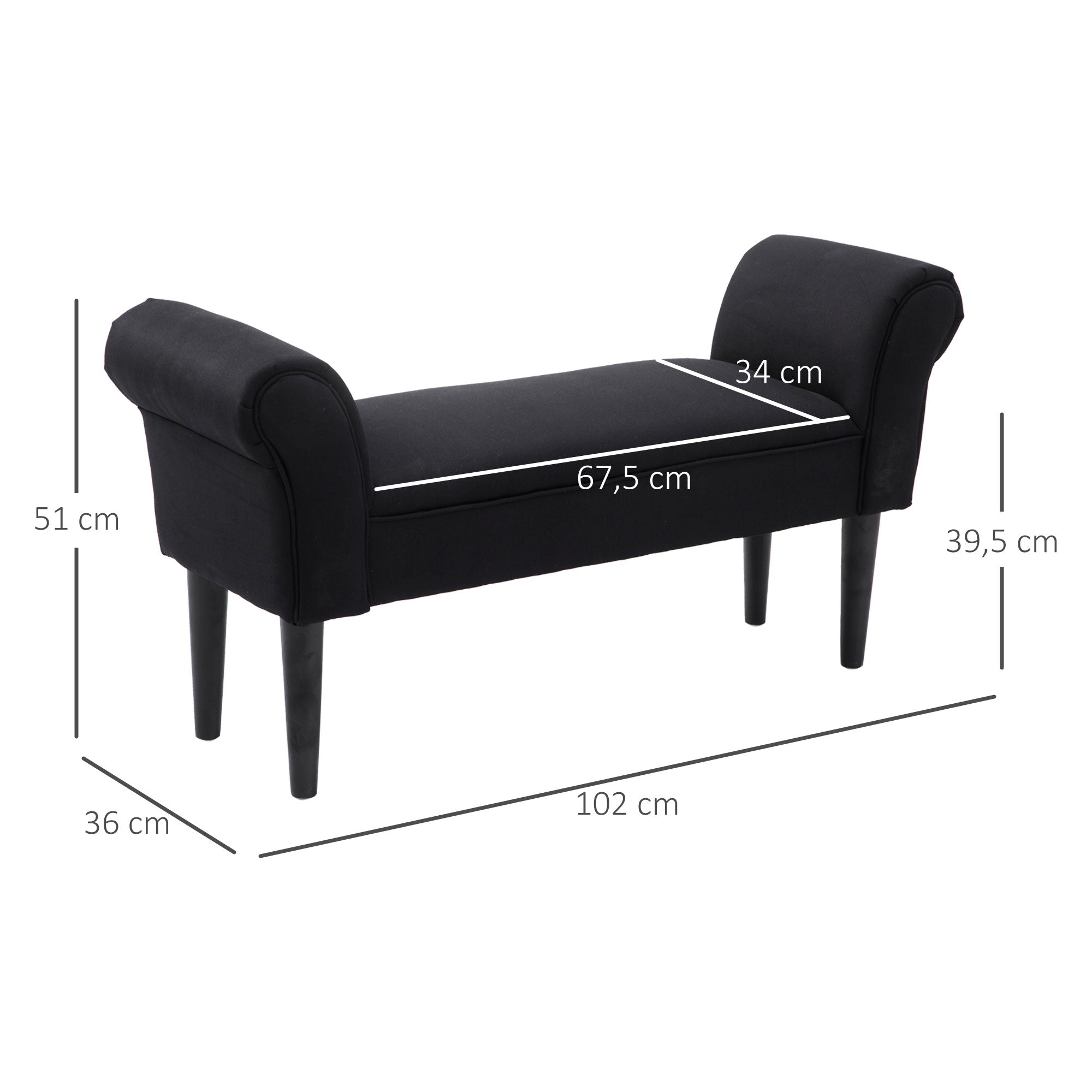 Banc Entrée Bout de Lit Rembourré pour Chambre à Coucher, Tissu à Voile, Noir, 102 x 36 x 51 cm