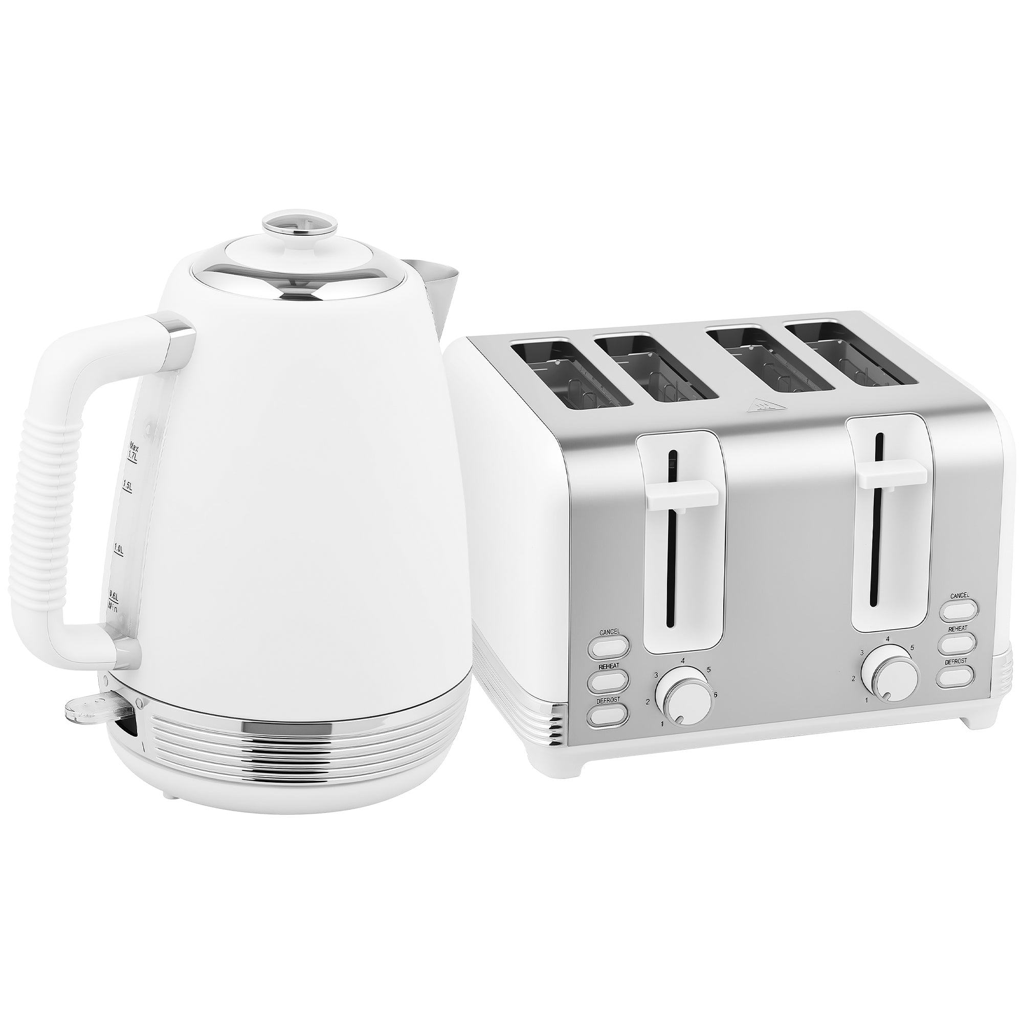 Ensemble bouilloire et grille-pain en inox 2200 W et 1,7 L, grille-pain 4 tranches, 7 niveaux de brunissage, chauffage rapide, thermostat Strix, filtre anticalcaire et plateau à miettes, blanc