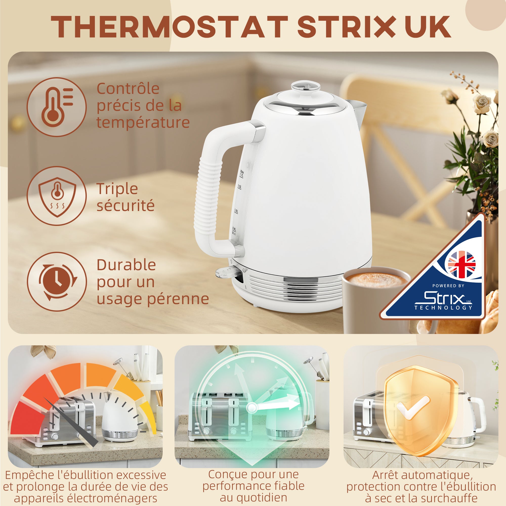 Ensemble bouilloire et grille-pain en inox 2200 W et 1,7 L, grille-pain 4 tranches, 7 niveaux de brunissage, chauffage rapide, thermostat Strix, filtre anticalcaire et plateau à miettes, blanc