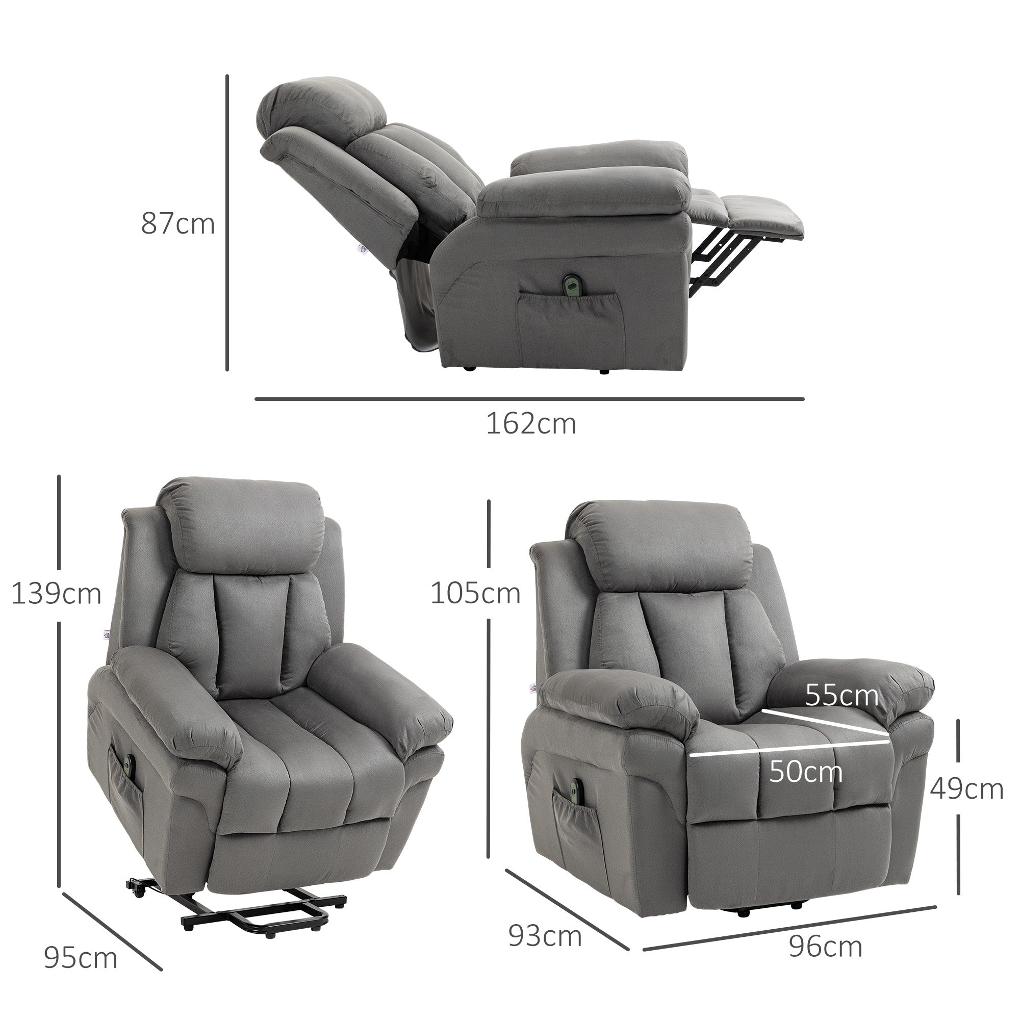 Fauteuil releveur électrique, fauteuil relax électrique avec repose-pied ajustable, dossier inclinable, télécommande, poche latérale, pour personnes âgées, gris