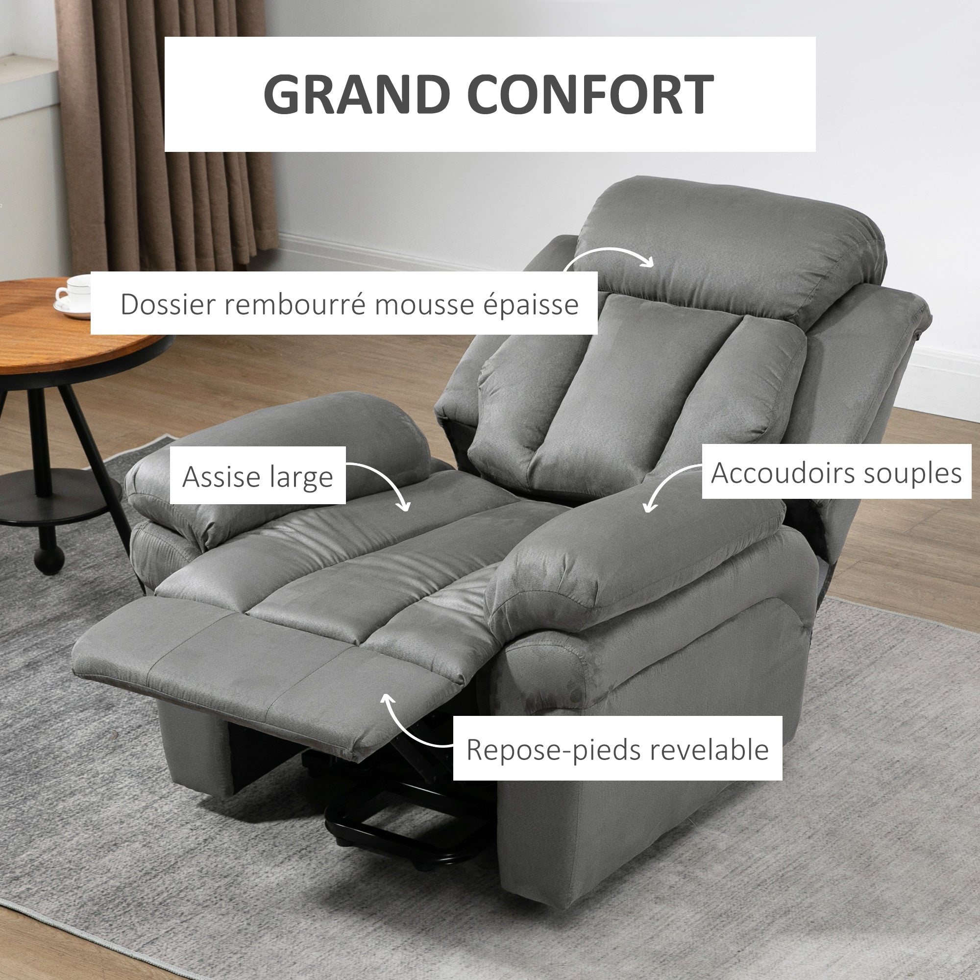 Fauteuil releveur électrique, fauteuil relax électrique avec repose-pied ajustable, dossier inclinable, télécommande, poche latérale, pour personnes âgées, gris