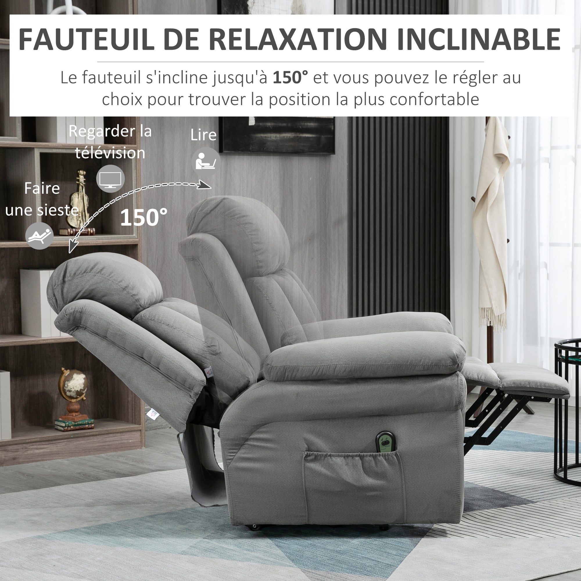 Fauteuil releveur électrique, fauteuil relax électrique avec repose-pied ajustable, dossier inclinable, télécommande, poche latérale, pour personnes âgées, gris