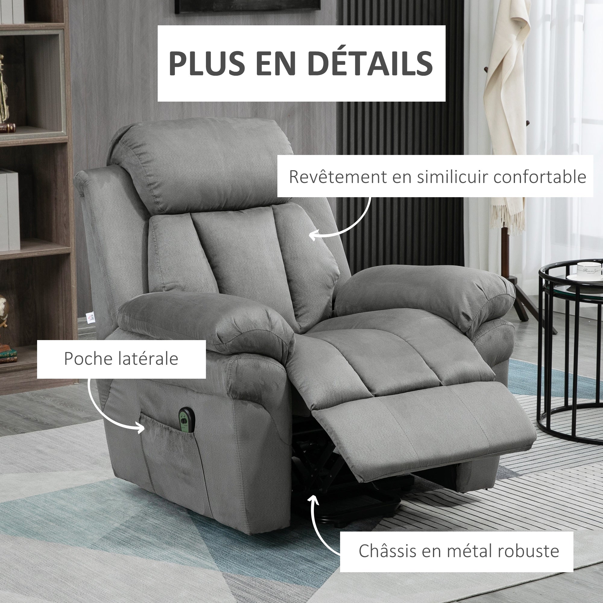 Fauteuil releveur électrique, fauteuil relax électrique avec repose-pied ajustable, dossier inclinable, télécommande, poche latérale, pour personnes âgées, gris