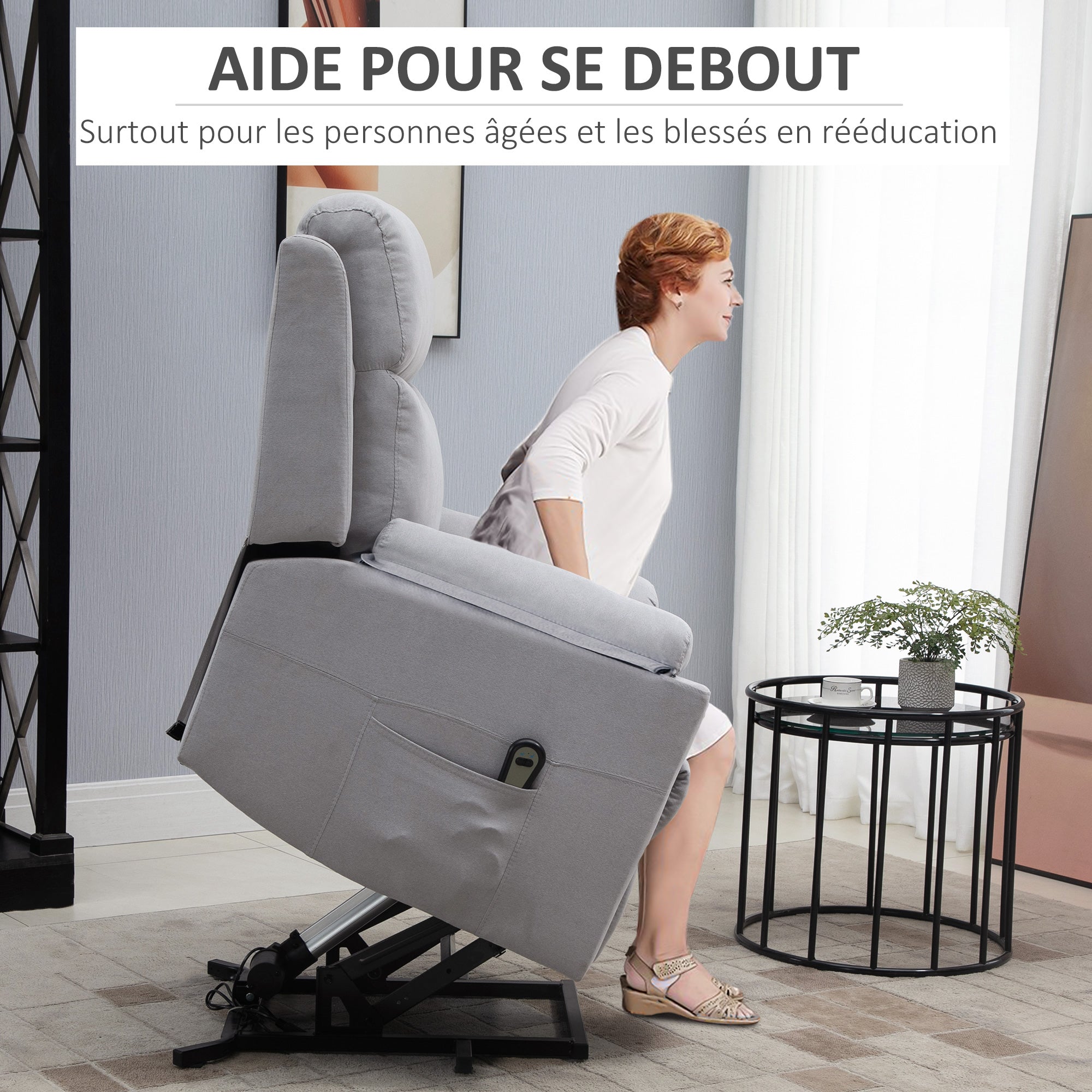 Fauteuil releveur électrique, fauteuil relax électrique avec repose-pied, dossier inclinable, télécommande et poche latérale charge 120kg tissu aspect lin gris clair