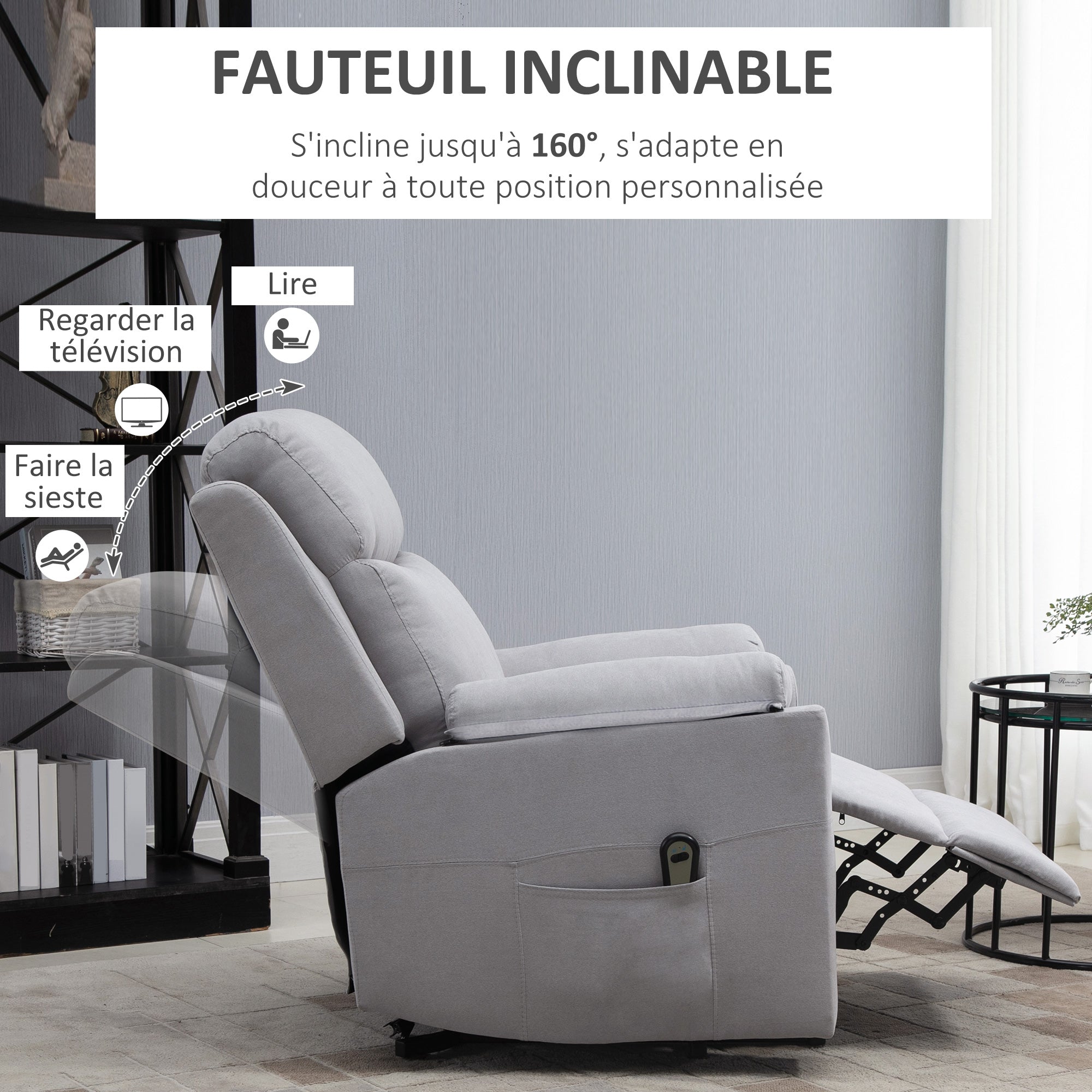 Fauteuil releveur électrique, fauteuil relax électrique avec repose-pied, dossier inclinable, télécommande et poche latérale charge 120kg tissu aspect lin gris clair