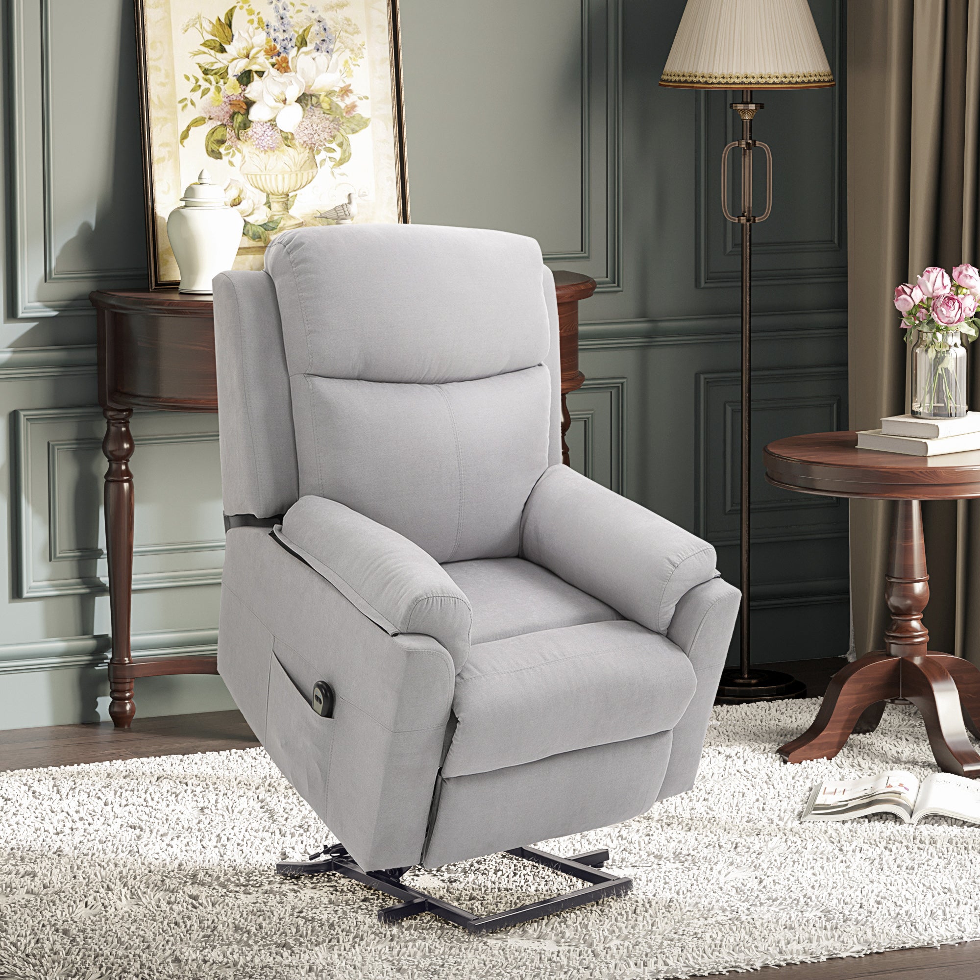 Fauteuil releveur électrique, fauteuil relax électrique avec repose-pied, dossier inclinable, télécommande et poche latérale charge 120kg tissu aspect lin gris clair