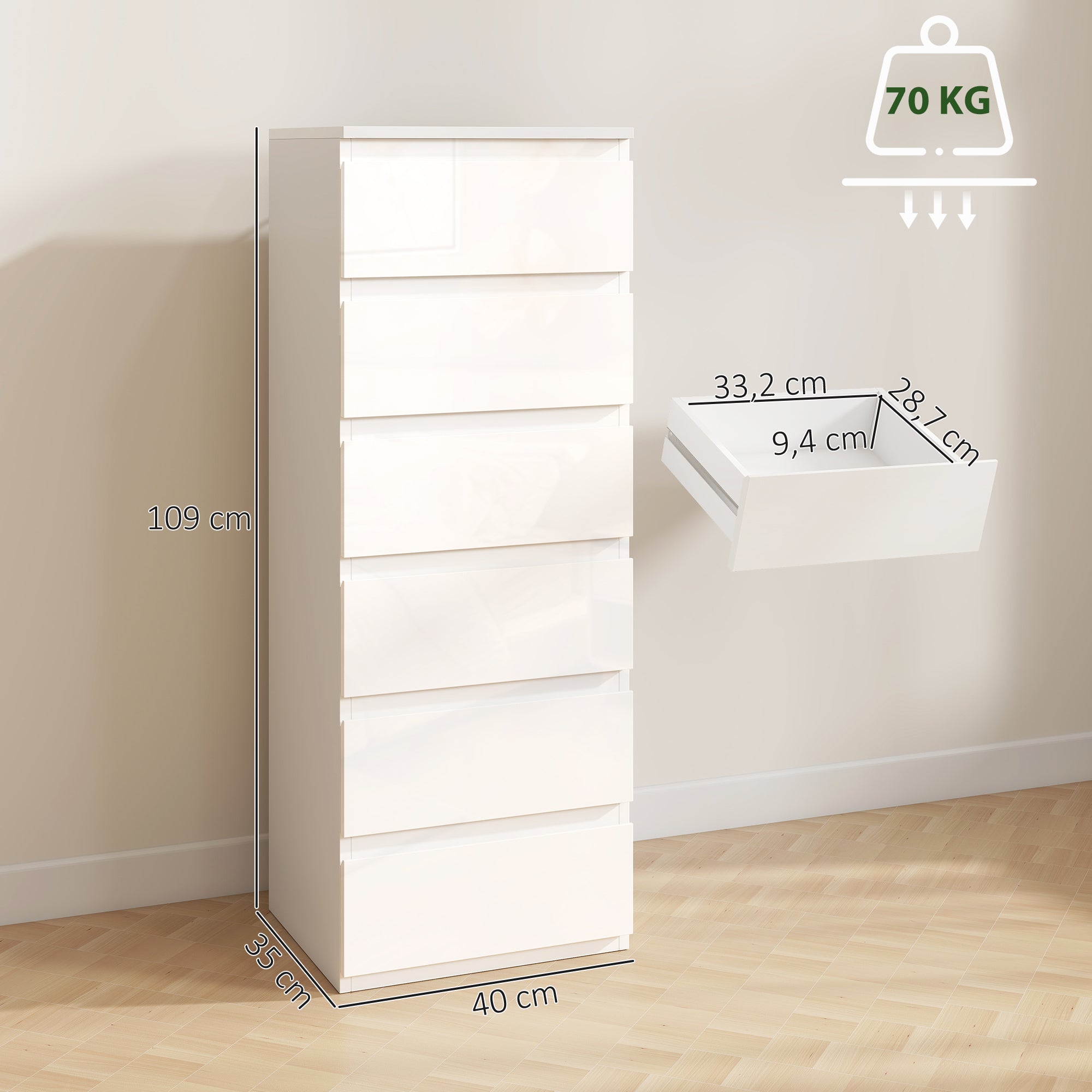 Commode 6 tiroirs à haute brillance, meuble de rangement étroit sans poignées, chiffonnier, style moderne, commode pour chambre à coucher, salon, couloir, 40 x 35 x 109 cm, blanc