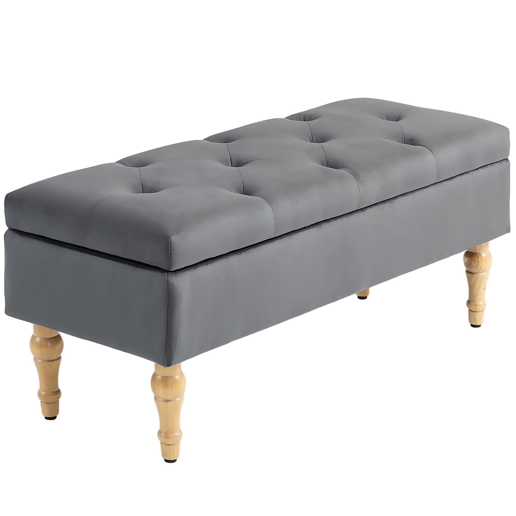 Banc coffre rangement 2 en 1 banquette en velours banc de rangement 38L style médiéval avec couvercle à charnière capitonné et pieds en bois pour couloir, salon, chambre, 102 x 38 x 41 cm, gris