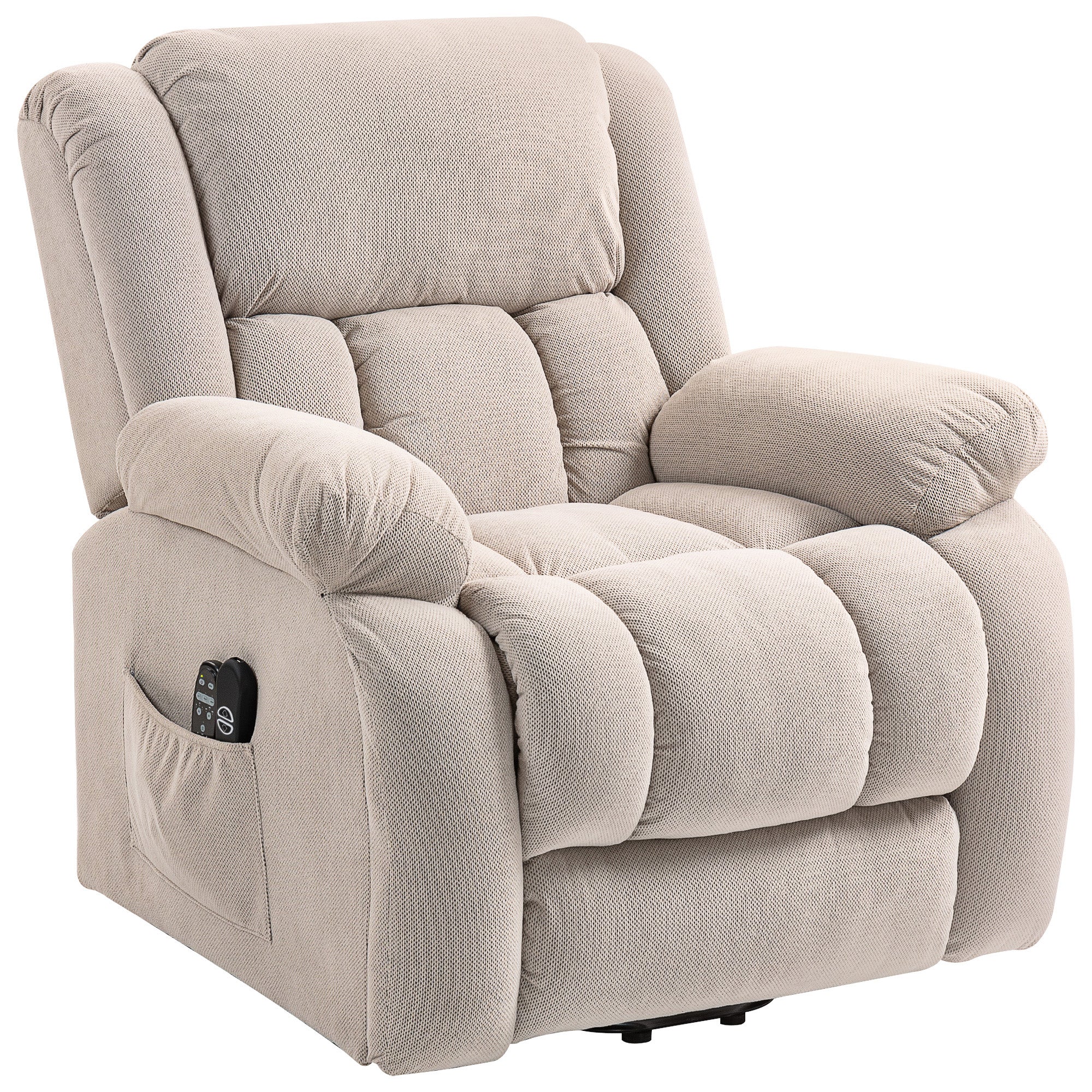 Fauteuil releveur électrique avec fonction massage et chauffage, fauteuil relax électrique avec dossier inclinable, ports USB, télécommande, repose-pied et poche latérale, beige