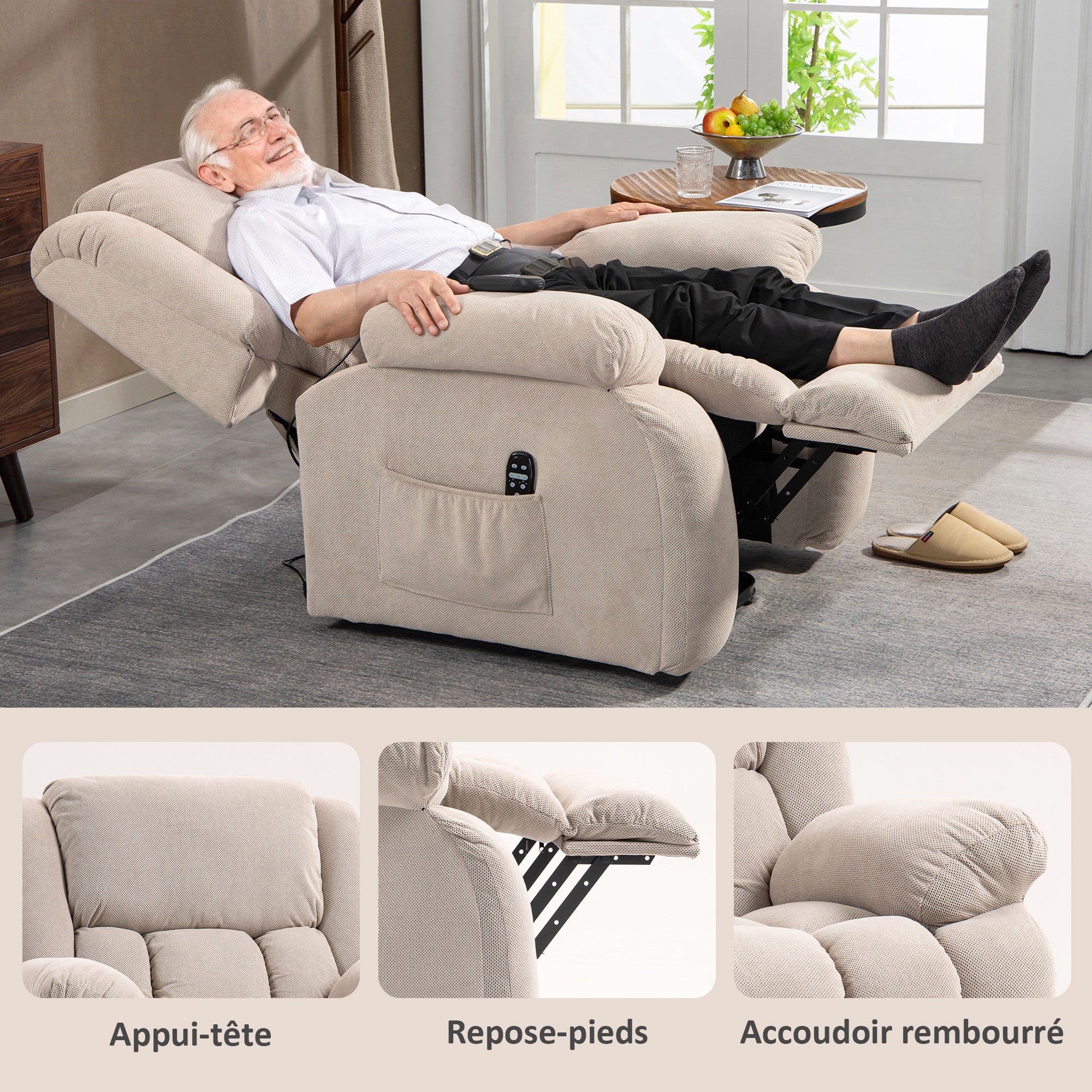 Fauteuil releveur électrique avec fonction massage et chauffage, fauteuil relax électrique avec dossier inclinable, ports USB, télécommande, repose-pied et poche latérale, beige