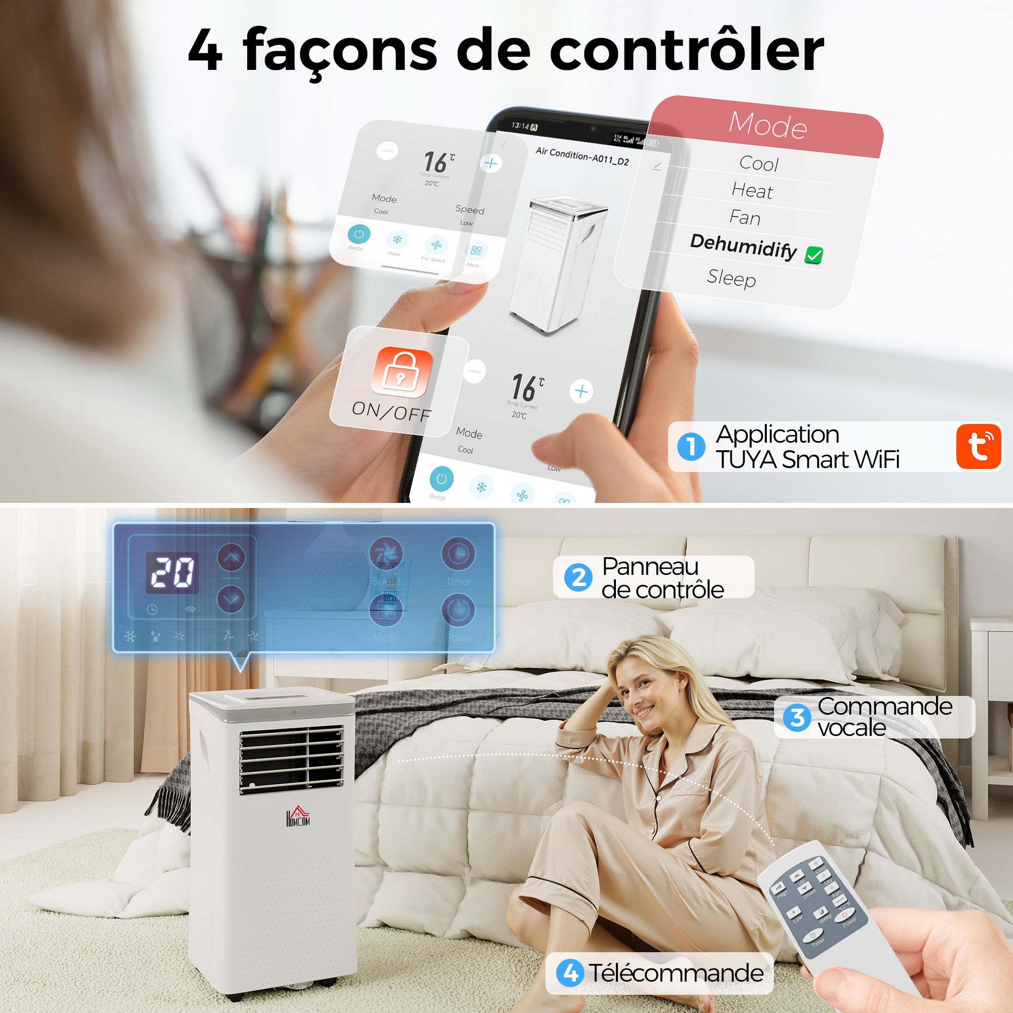 Climatiseur mobile 10000 BTU, climatiseur portable 4 en 1 refroidissement, déshumidificateur, ventilateur, mode nuit, WiFi, App & Vocal, télécommande, minuteur 24H, 2 vitesses, 30m², classe A