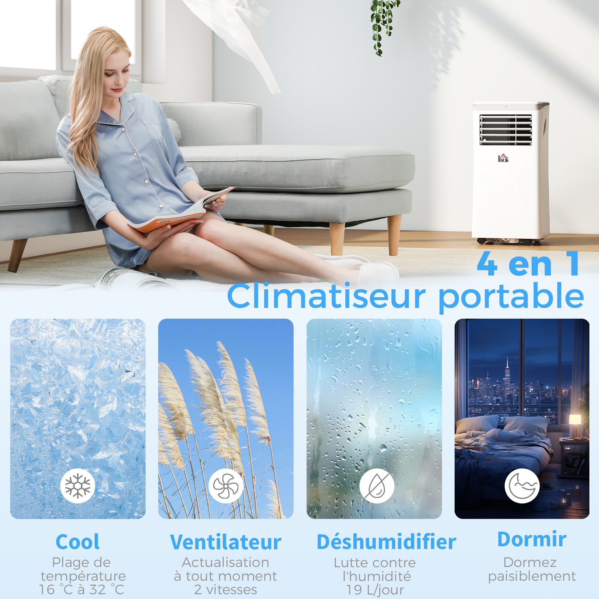 Climatiseur mobile 10000 BTU, climatiseur portable 4 en 1 refroidissement, déshumidificateur, ventilateur, mode nuit, WiFi, App & Vocal, télécommande, minuteur 24H, 2 vitesses, 30m², classe A