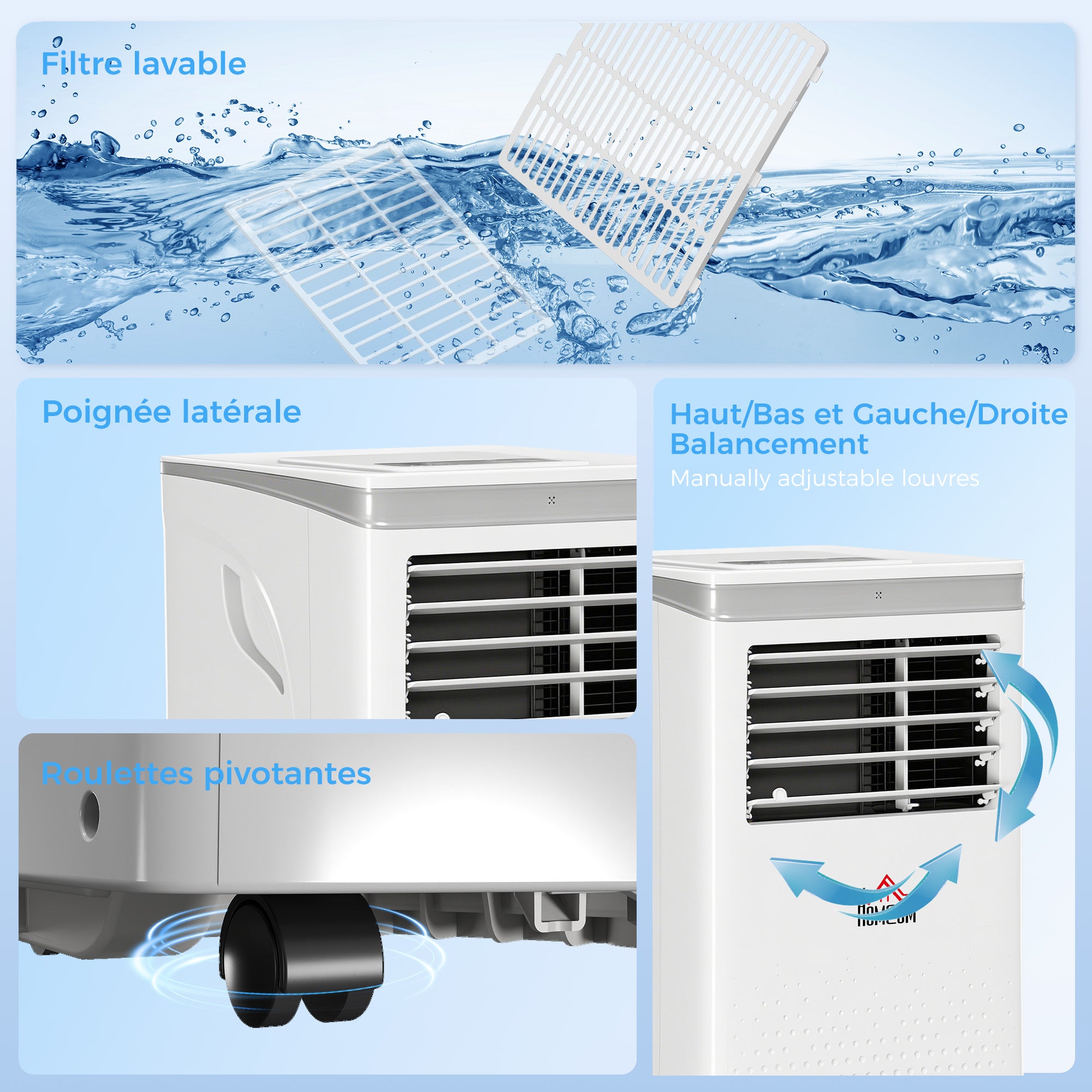 Climatiseur mobile 10000 BTU, climatiseur portable 4 en 1 refroidissement, déshumidificateur, ventilateur, mode nuit, WiFi, App & Vocal, télécommande, minuteur 24H, 2 vitesses, 30m², classe A