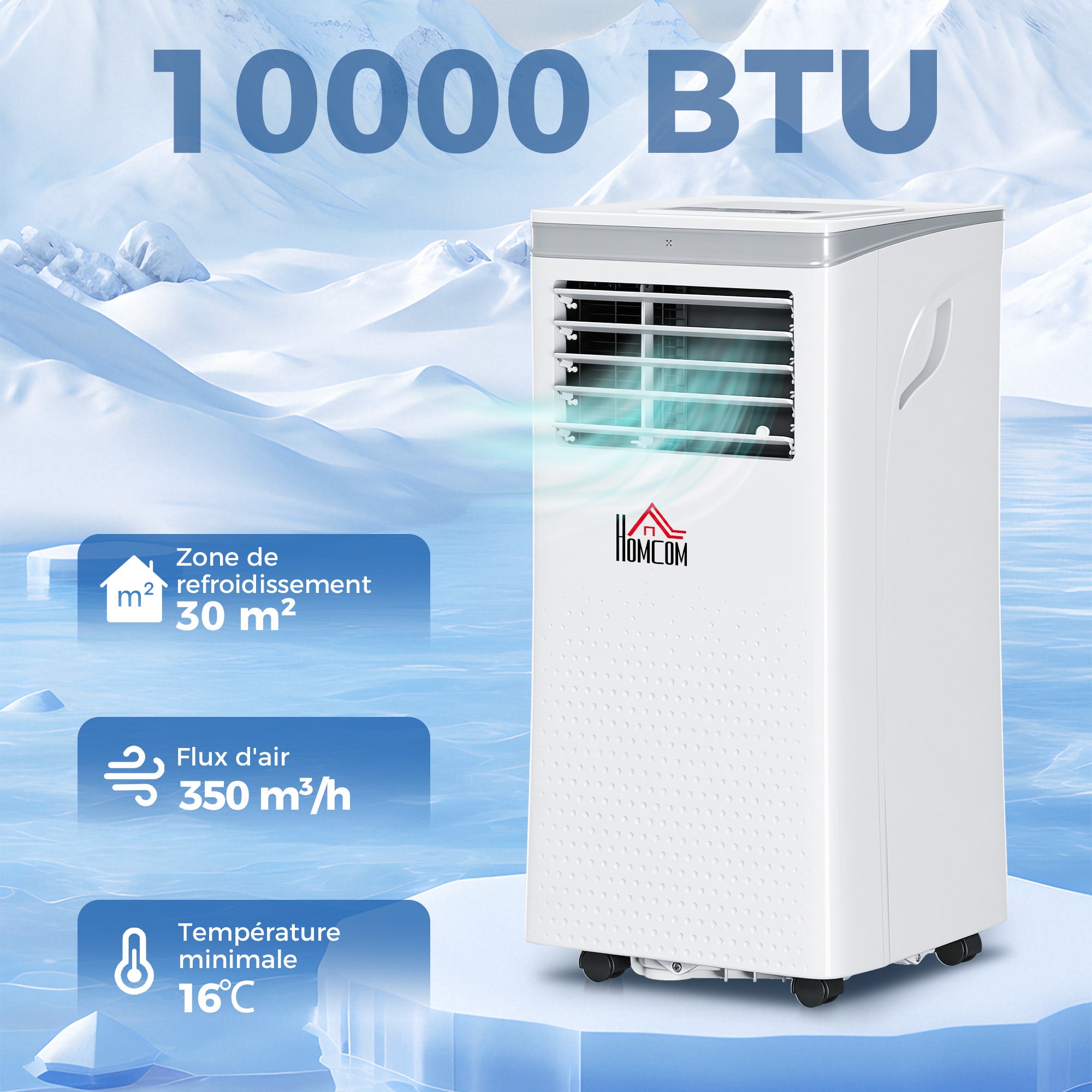 Climatiseur mobile 10000 BTU, climatiseur portable 4 en 1 refroidissement, déshumidificateur, ventilateur, mode nuit, WiFi, App & Vocal, télécommande, minuteur 24H, 2 vitesses, 30m², classe A