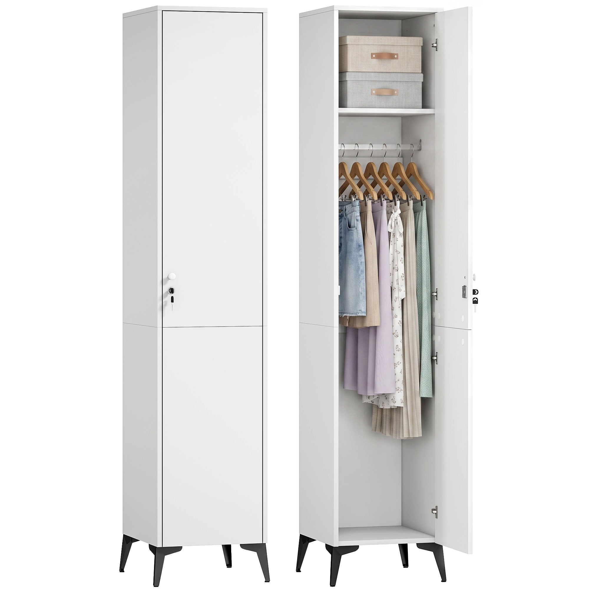 Armoire chambre étroite penderie avec porte, tringle et étagères de rangement, serrure à deux clés, armoire à vêtements, dressing, pour chambre à coucher, 36 x 40 x 180 cm, blanc