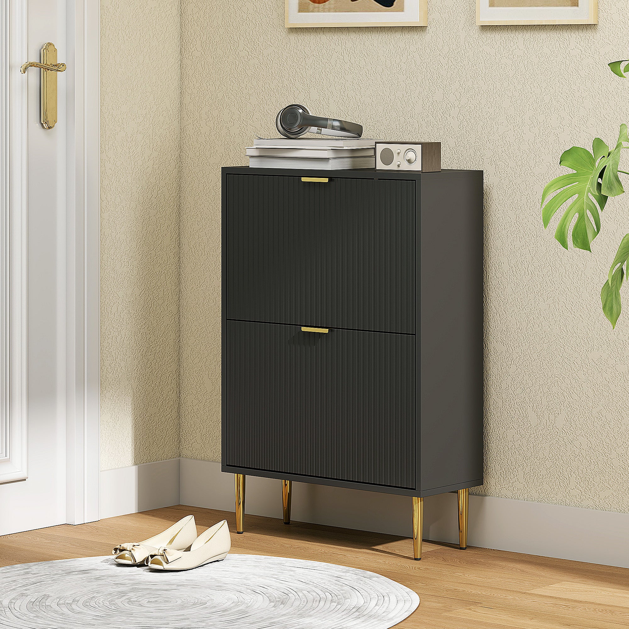 Meuble à chaussures 12 paires, armoire à chaussures étroite moderne avec 2 tiroirs rabattables, portes cannelées et étagères réglables, pour couloir et entrée, 60 x 24 x 91,5 cm, noir