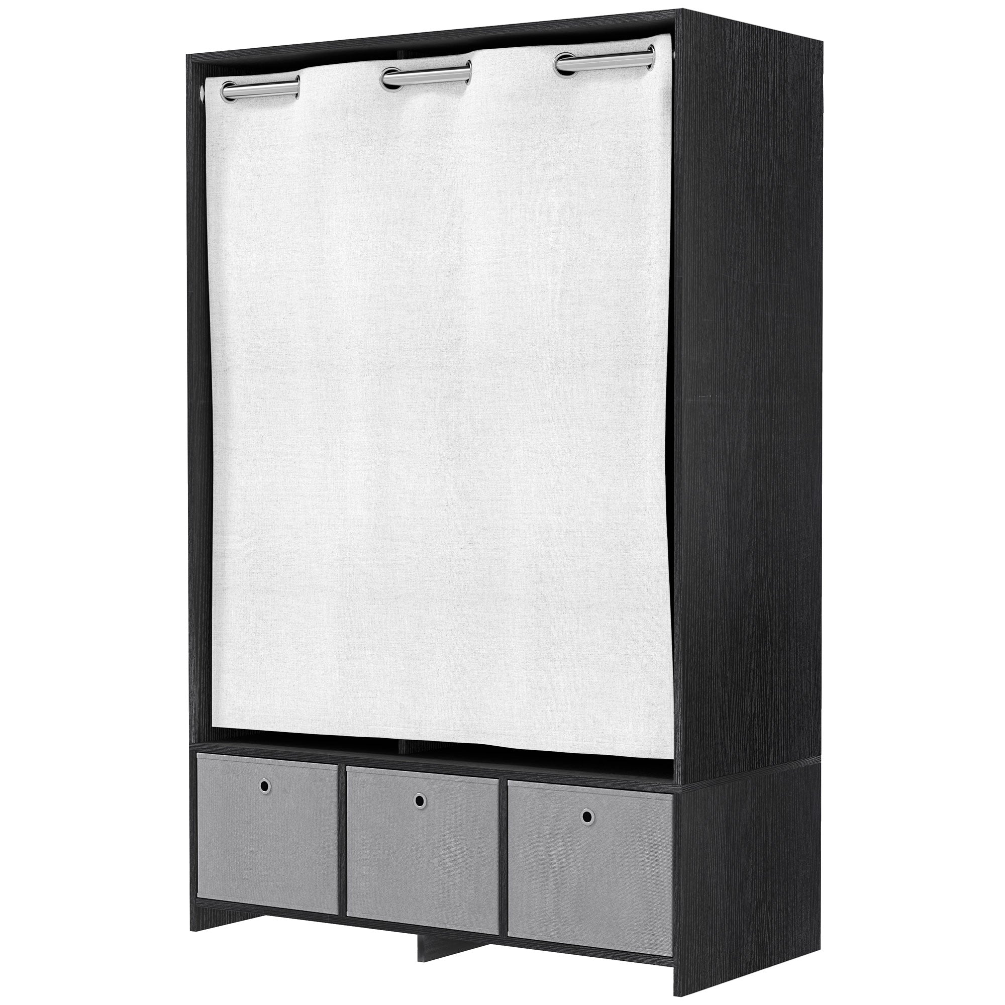 Armoire penderie, dressing avec rideau, armoire chambre vêtement, garde-robe avec tringle, 3 compartiments et 3 tiroirs en tissu amovibles - 105 x 48 x 160 cm, noir