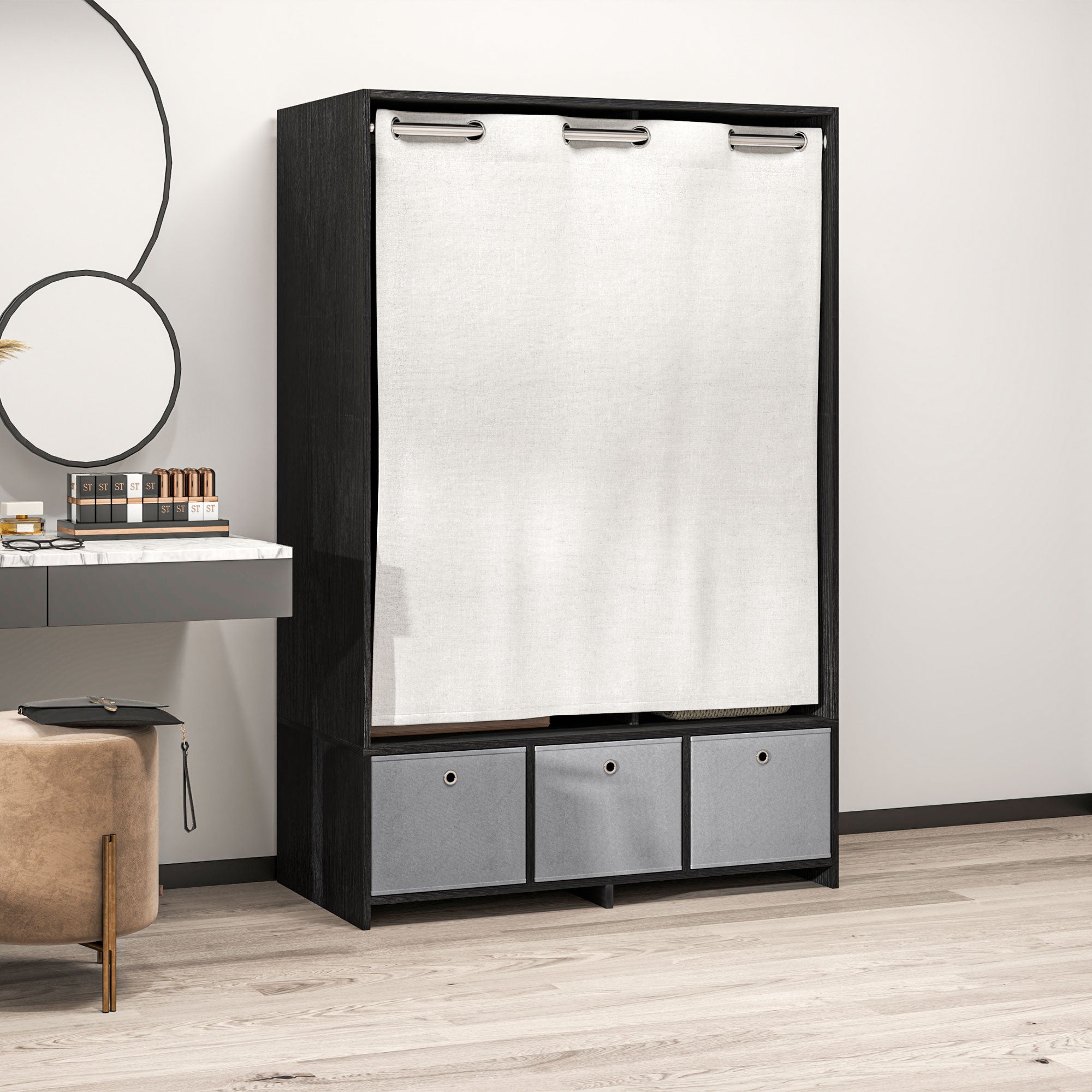 Armoire penderie, dressing avec rideau, armoire chambre vêtement, garde-robe avec tringle, 3 compartiments et 3 tiroirs en tissu amovibles - 105 x 48 x 160 cm, noir