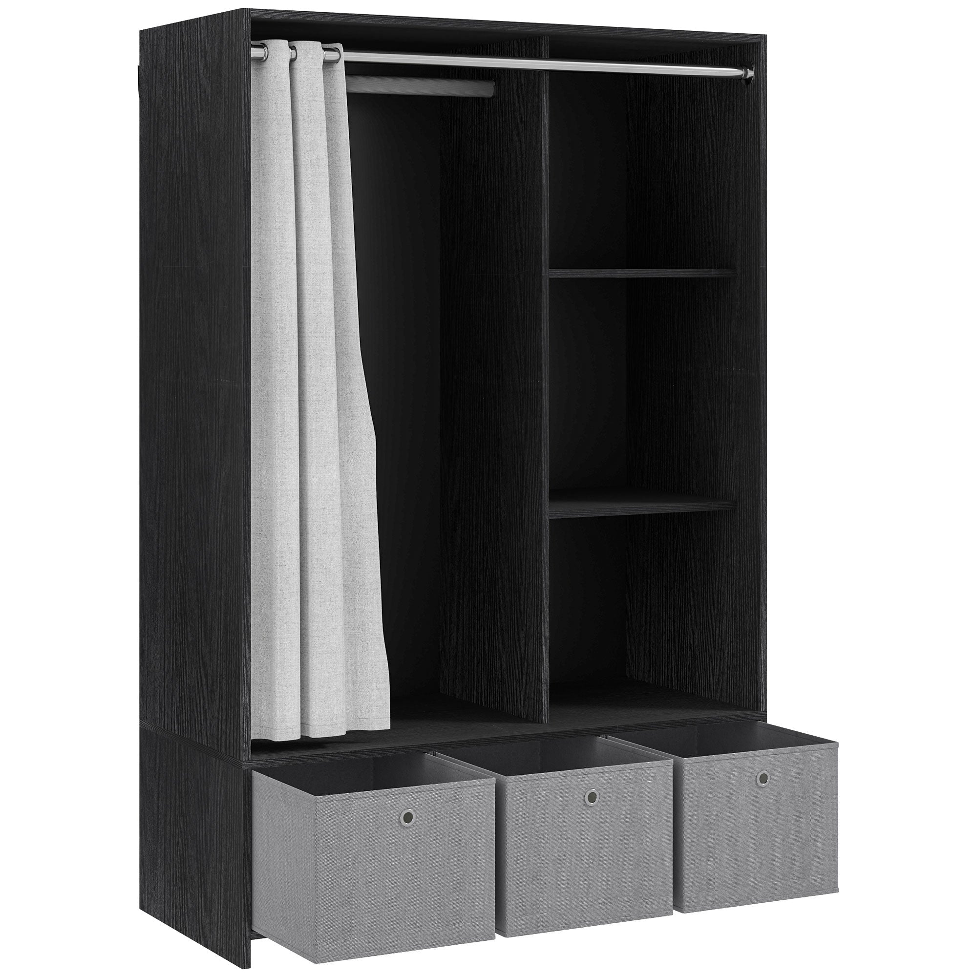 Armoire penderie, dressing avec rideau, armoire chambre vêtement, garde-robe avec tringle, 3 compartiments et 3 tiroirs en tissu amovibles - 105 x 48 x 160 cm, noir