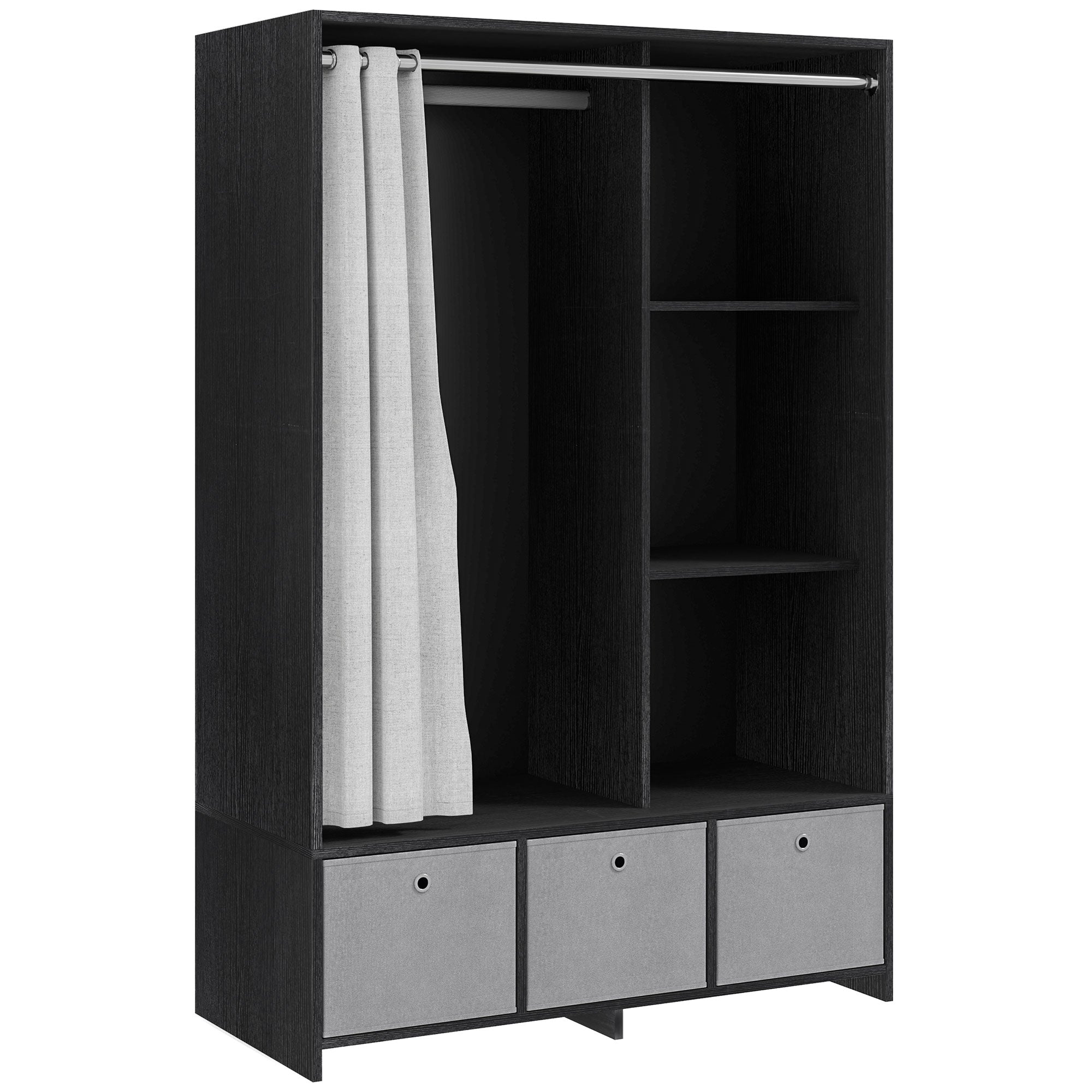 Armoire penderie, dressing avec rideau, armoire chambre vêtement, garde-robe avec tringle, 3 compartiments et 3 tiroirs en tissu amovibles - 105 x 48 x 160 cm, noir