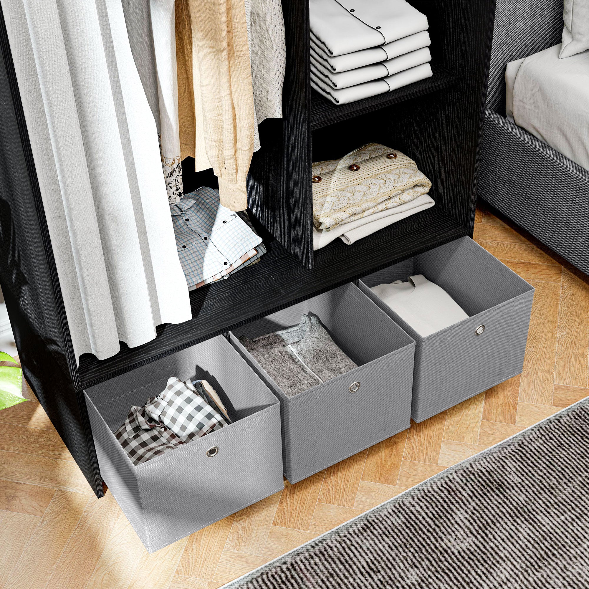 Armoire penderie, dressing avec rideau, armoire chambre vêtement, garde-robe avec tringle, 3 compartiments et 3 tiroirs en tissu amovibles - 105 x 48 x 160 cm, noir