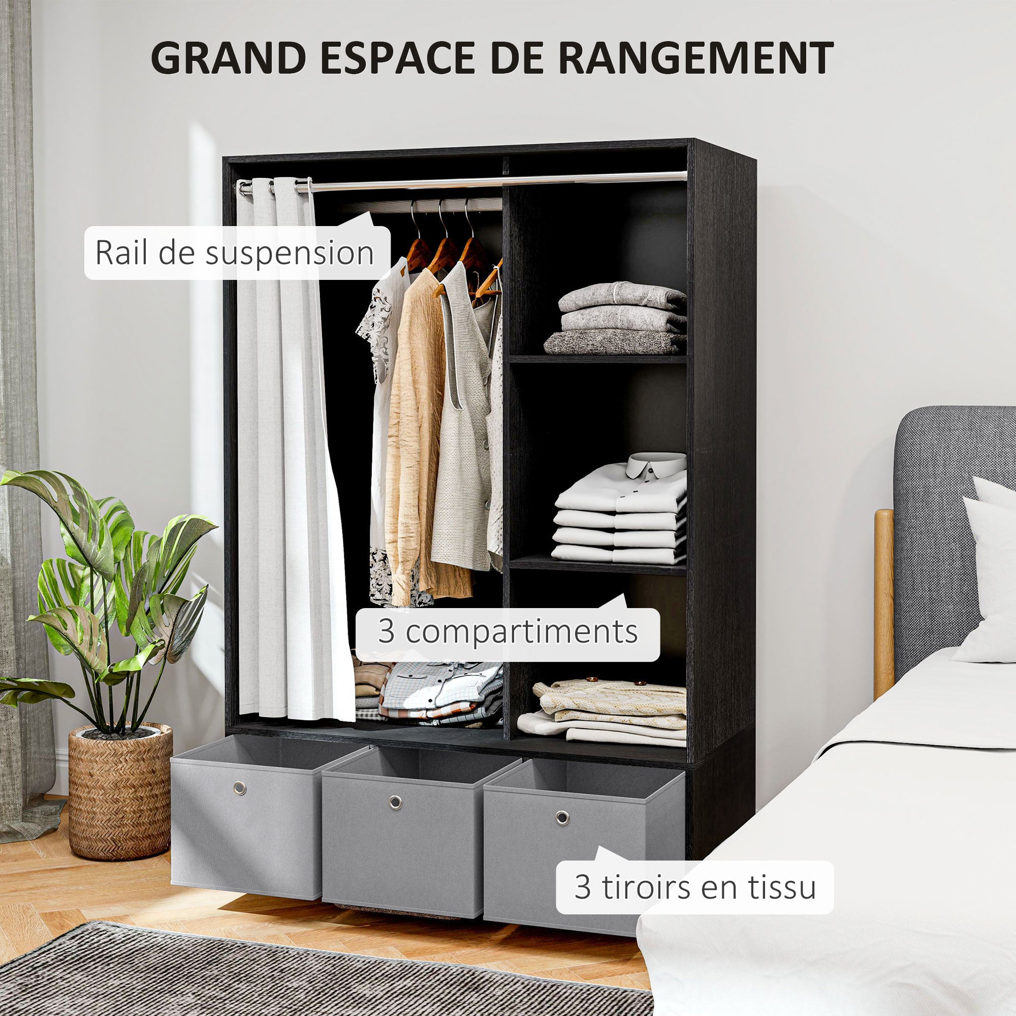 Armoire penderie, dressing avec rideau, armoire chambre vêtement, garde-robe avec tringle, 3 compartiments et 3 tiroirs en tissu amovibles - 105 x 48 x 160 cm, noir