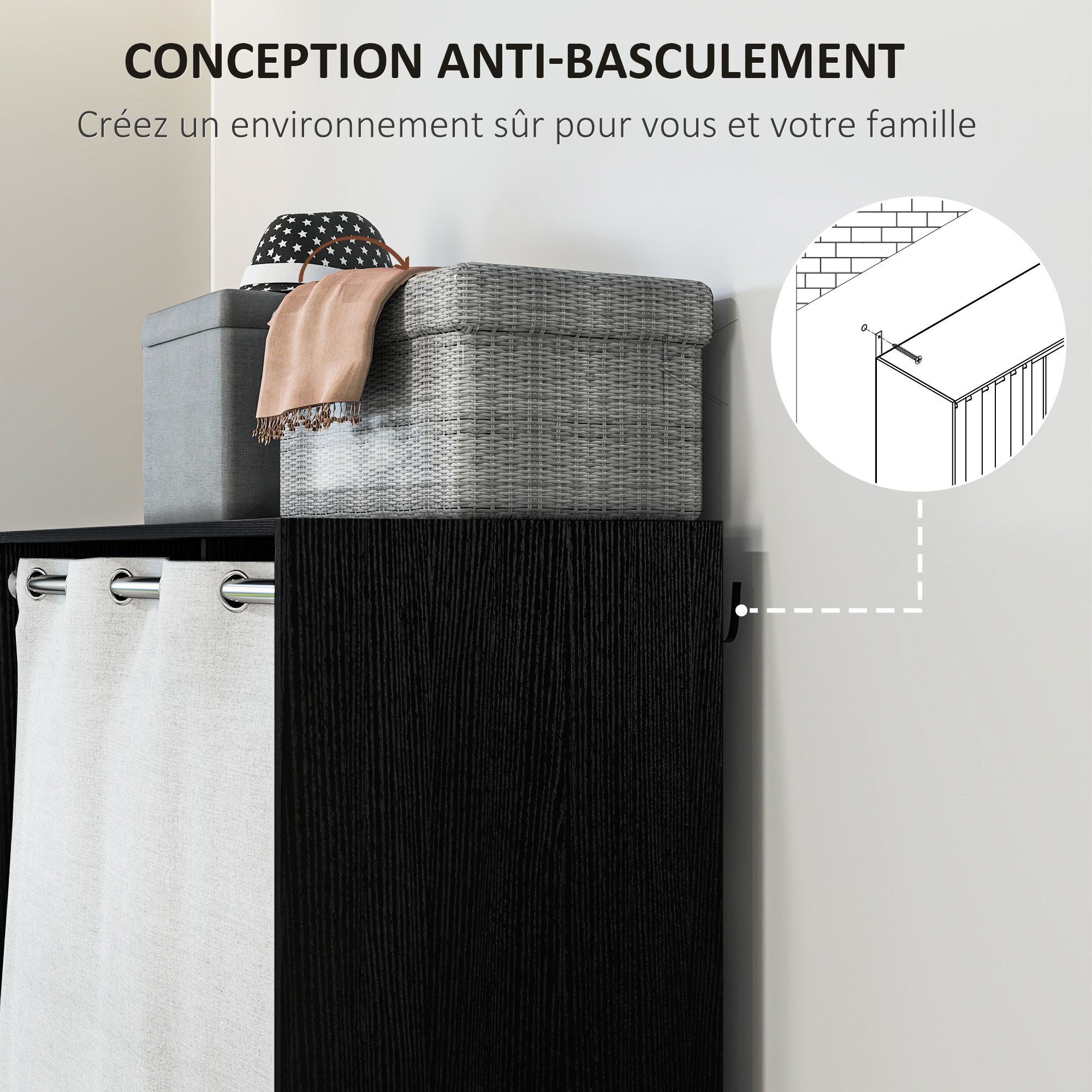 Armoire penderie, dressing avec rideau, armoire chambre vêtement, garde-robe avec tringle, 3 compartiments et 3 tiroirs en tissu amovibles - 105 x 48 x 160 cm, noir