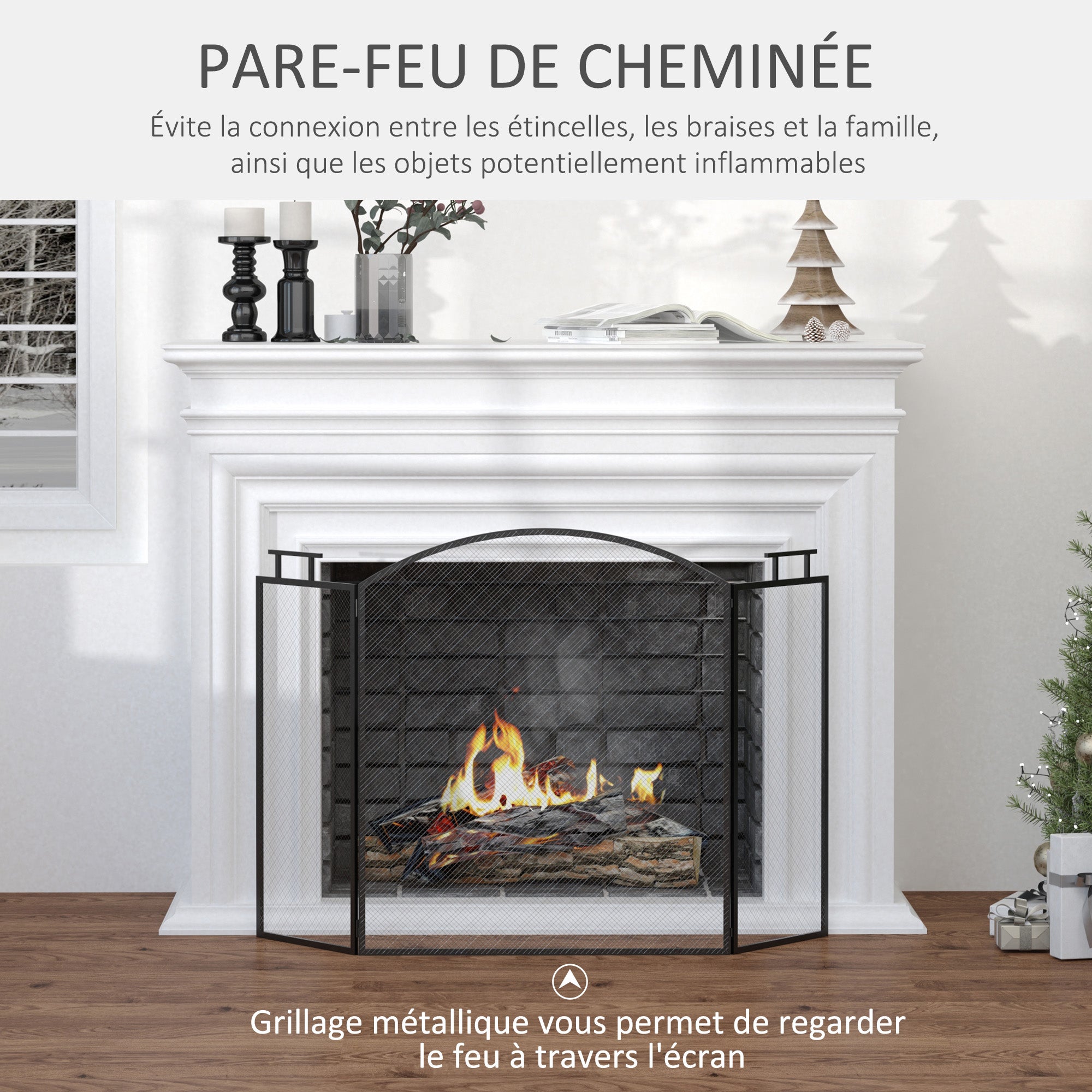 Pare-feu pour cheminée ou poêle - Pare-étincelles 3 Volets Pliables - dim. 110l x 24P x 76,5H cm - Acier métal Noir