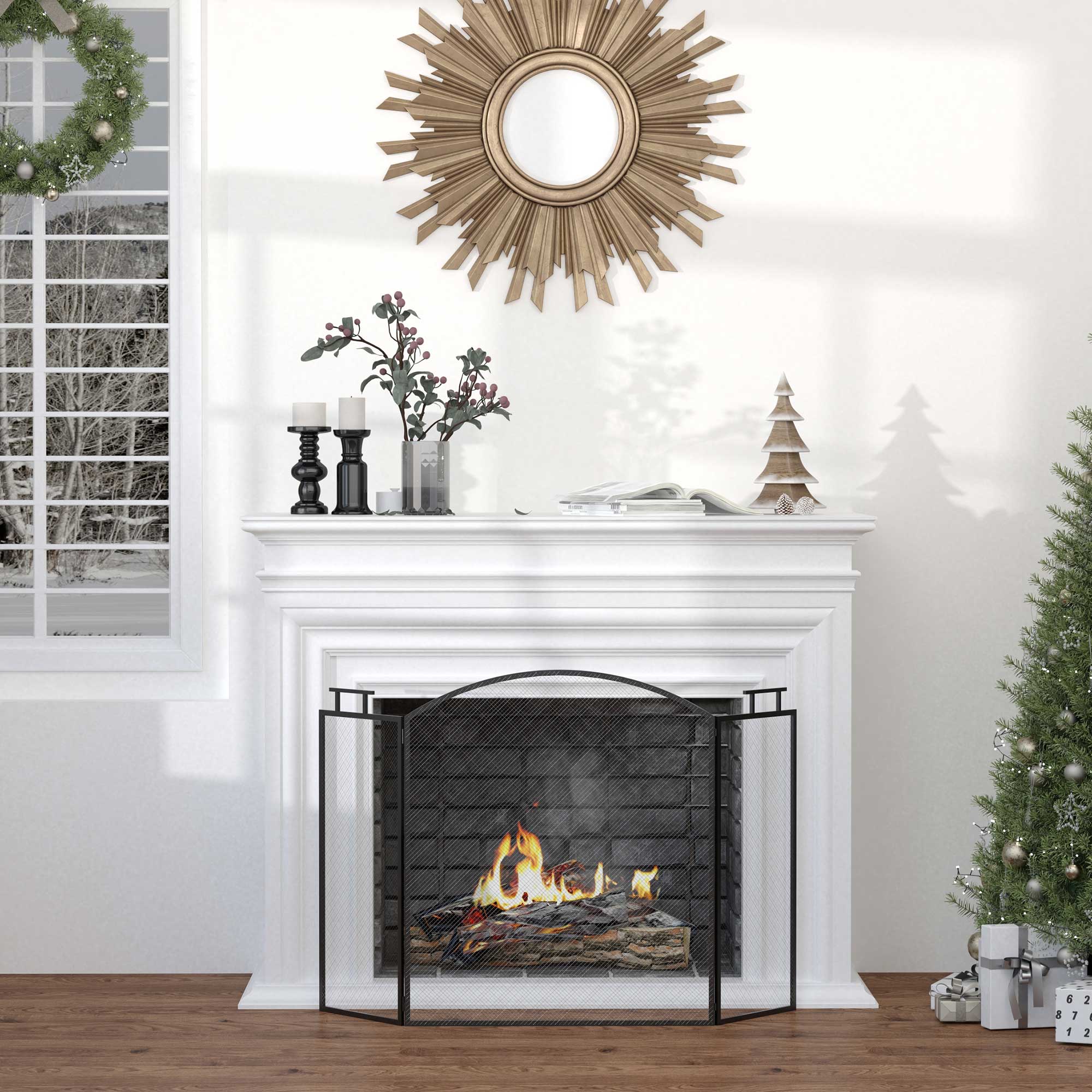Pare-feu pour cheminée ou poêle - Pare-étincelles 3 Volets Pliables - dim. 110l x 24P x 76,5H cm - Acier métal Noir