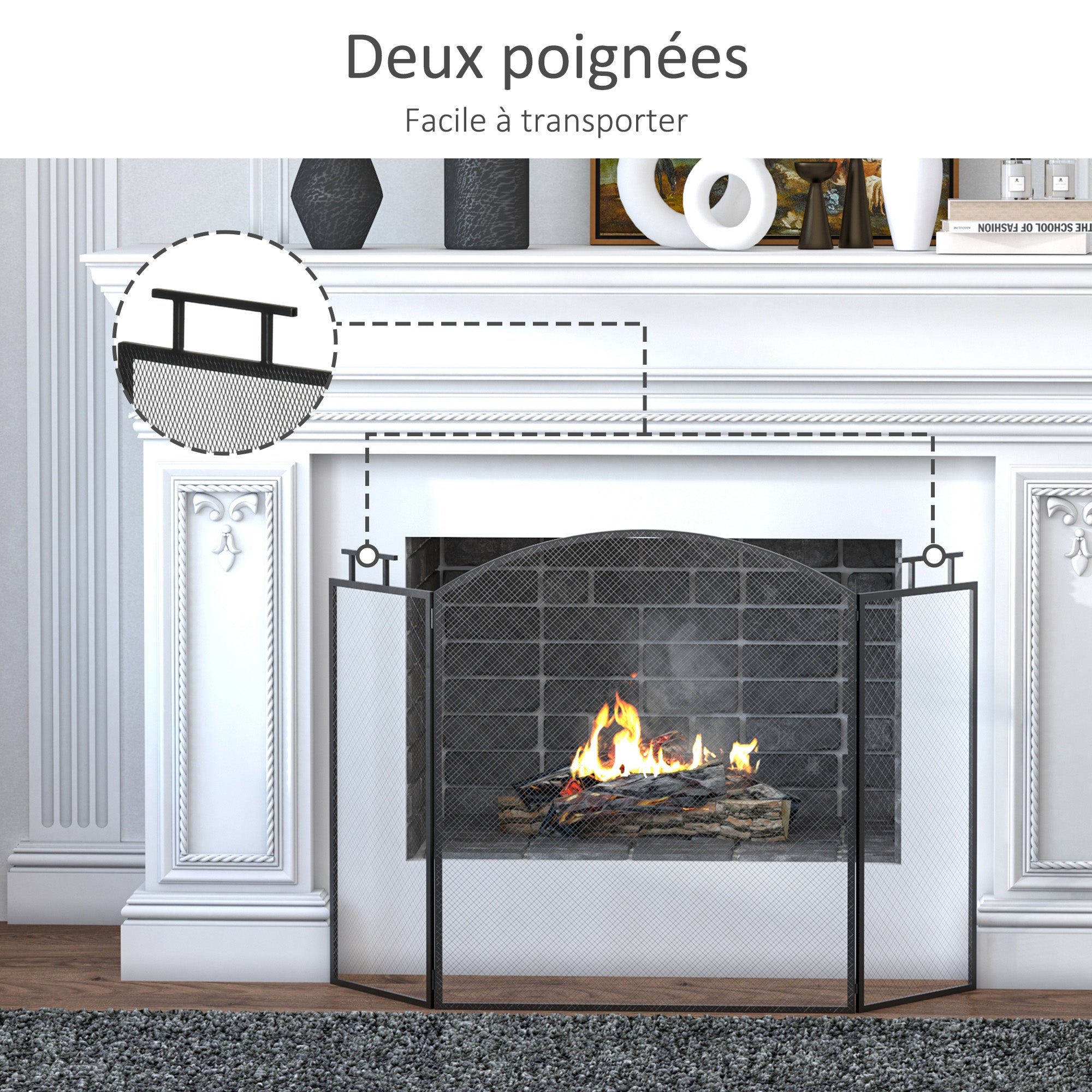 Pare-feu pour cheminée ou poêle - Pare-étincelles 3 Volets Pliables - dim. 110l x 24P x 76,5H cm - Acier métal Noir