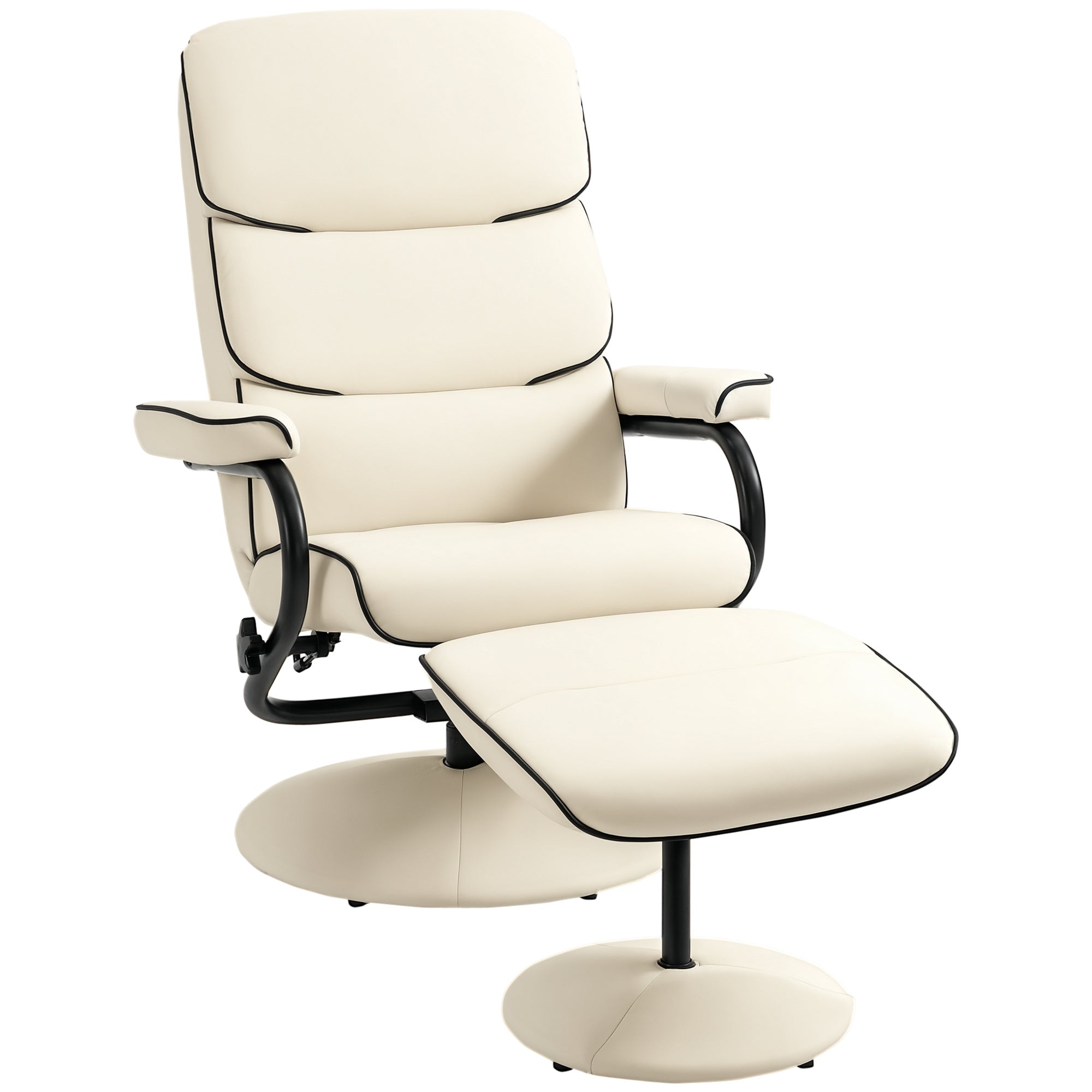 Fauteuil relax avec pouf, fauteuil TV avec dossier inclinable, siège pivotant à 360°, assise rembourrée confortable, jusqu'à 130 kg, pour salon, chambre, crème
