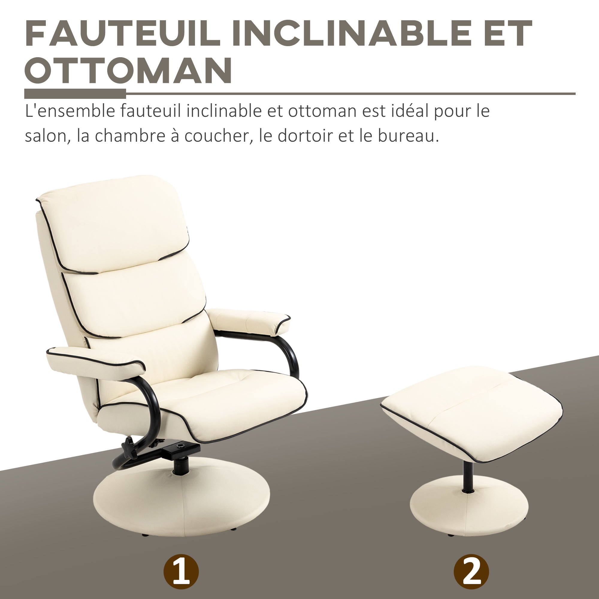 Fauteuil relax avec pouf, fauteuil TV avec dossier inclinable, siège pivotant à 360°, assise rembourrée confortable, jusqu'à 130 kg, pour salon, chambre, crème