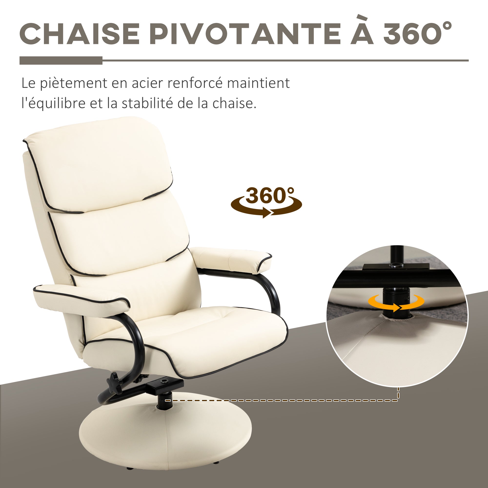 Fauteuil relax avec pouf, fauteuil TV avec dossier inclinable, siège pivotant à 360°, assise rembourrée confortable, jusqu'à 130 kg, pour salon, chambre, crème