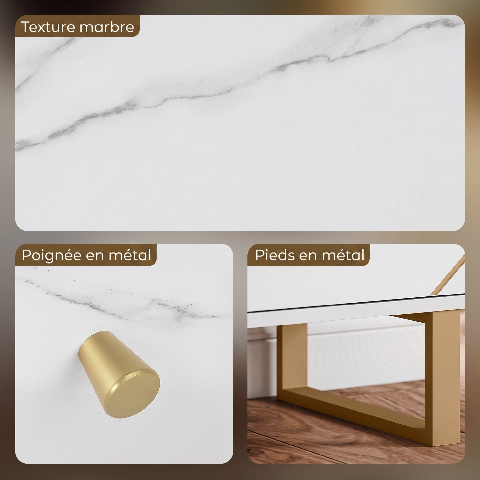 Meuble de rangement buffet salon avec 2 placards 3 portes et étagère réglable, pieds en métal - dim. 107L x 35l x 75H cm, aspect marbre blanc