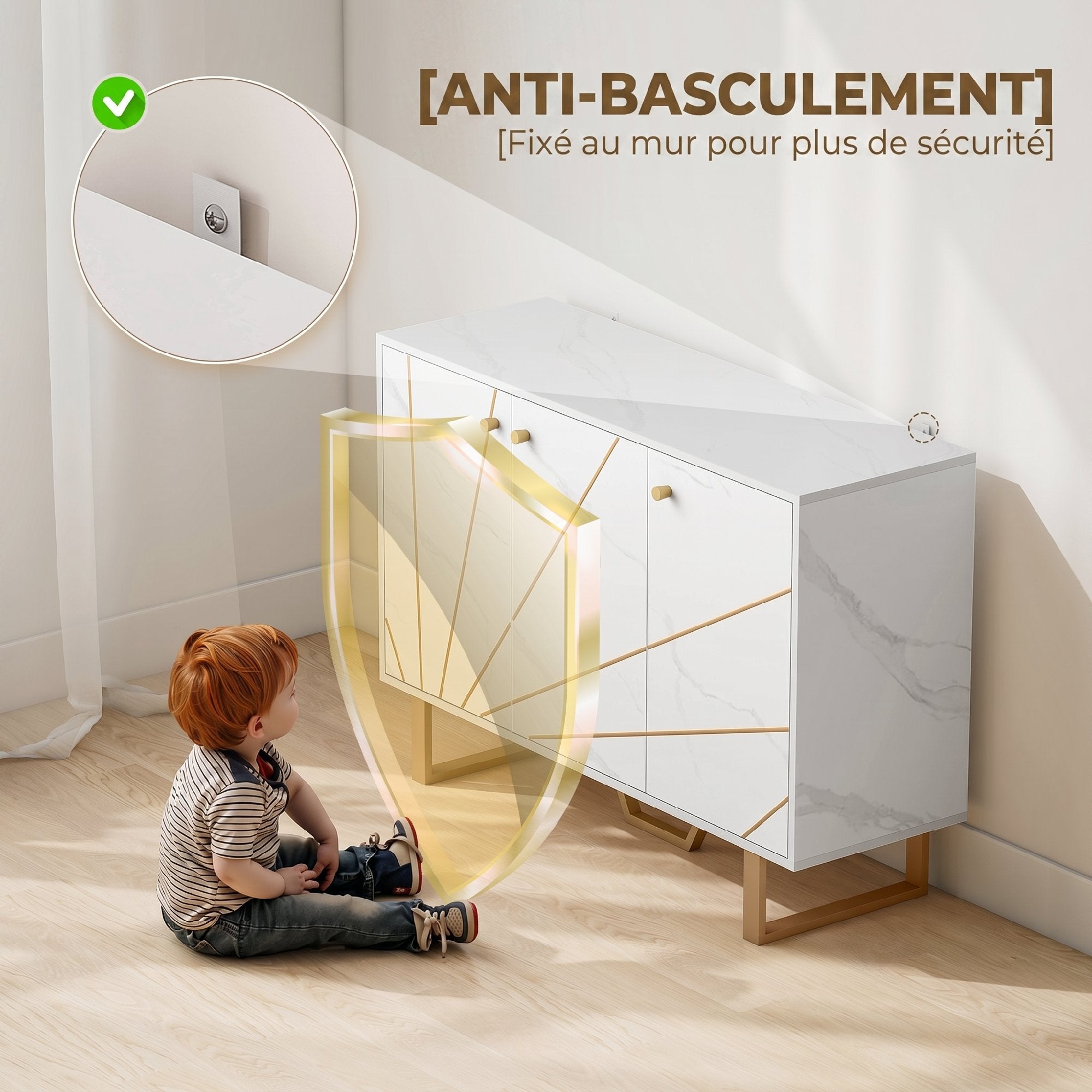 Meuble de rangement buffet salon avec 2 placards 3 portes et étagère réglable, pieds en métal - dim. 107L x 35l x 75H cm, aspect marbre blanc