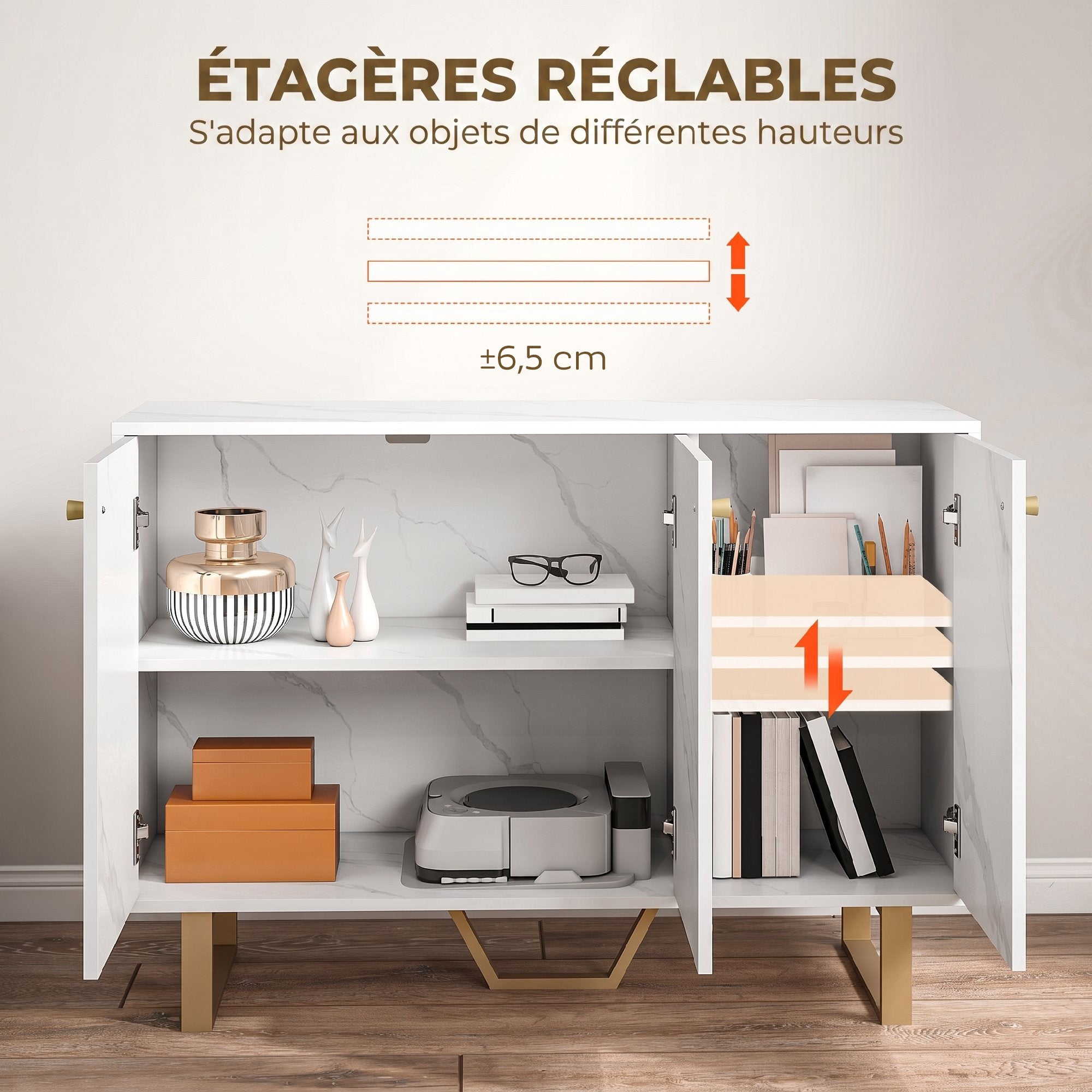 Meuble de rangement buffet salon avec 2 placards 3 portes et étagère réglable, pieds en métal - dim. 107L x 35l x 75H cm, aspect marbre blanc