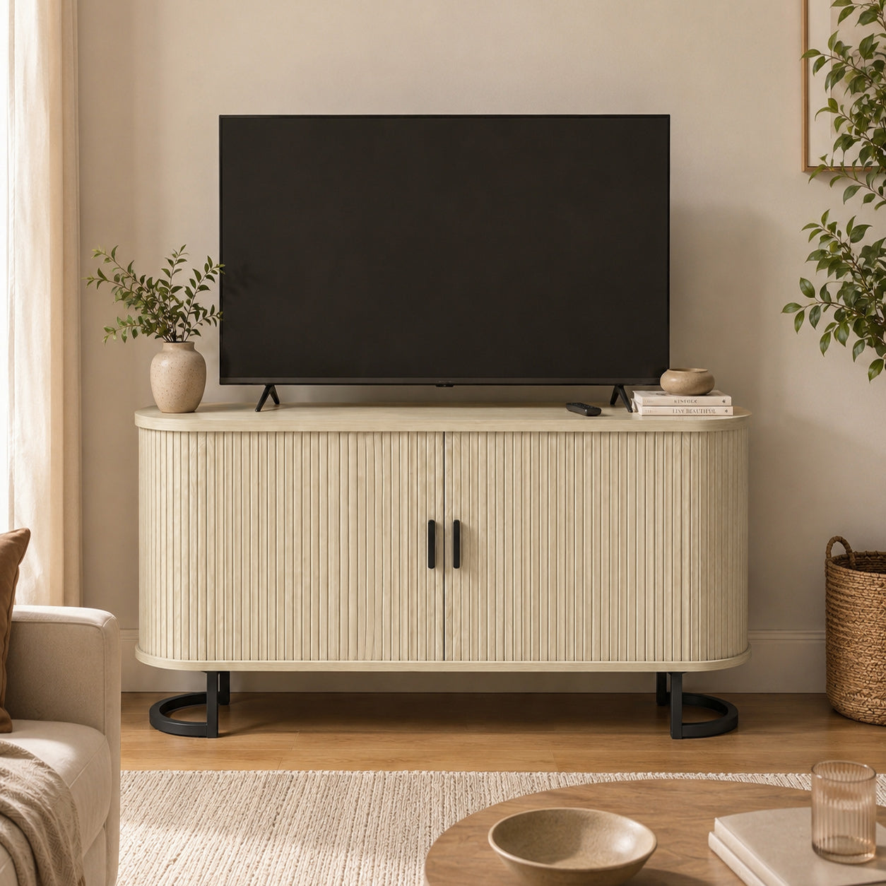 Buffet salon, meuble de rangement ovale avec 2 portes coulissantes et étagères réglables, meuble TV jusqu'à 60 pouces, style moderne, buffet salle à manger et cuisine, 140x40x75cm, bois naturel