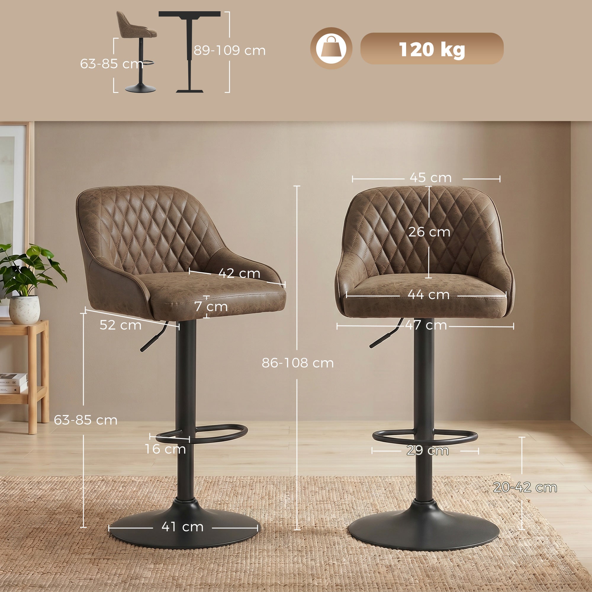 Lot de 2 Tabourets de Bar, Tabourets Hauts Cuisine avec Siège Pivotant et Hauteur Réglable, Chaises de Bar en PU avec Dossier pour Îlot de Cuisine, Salle à Manger, Marron Foncé