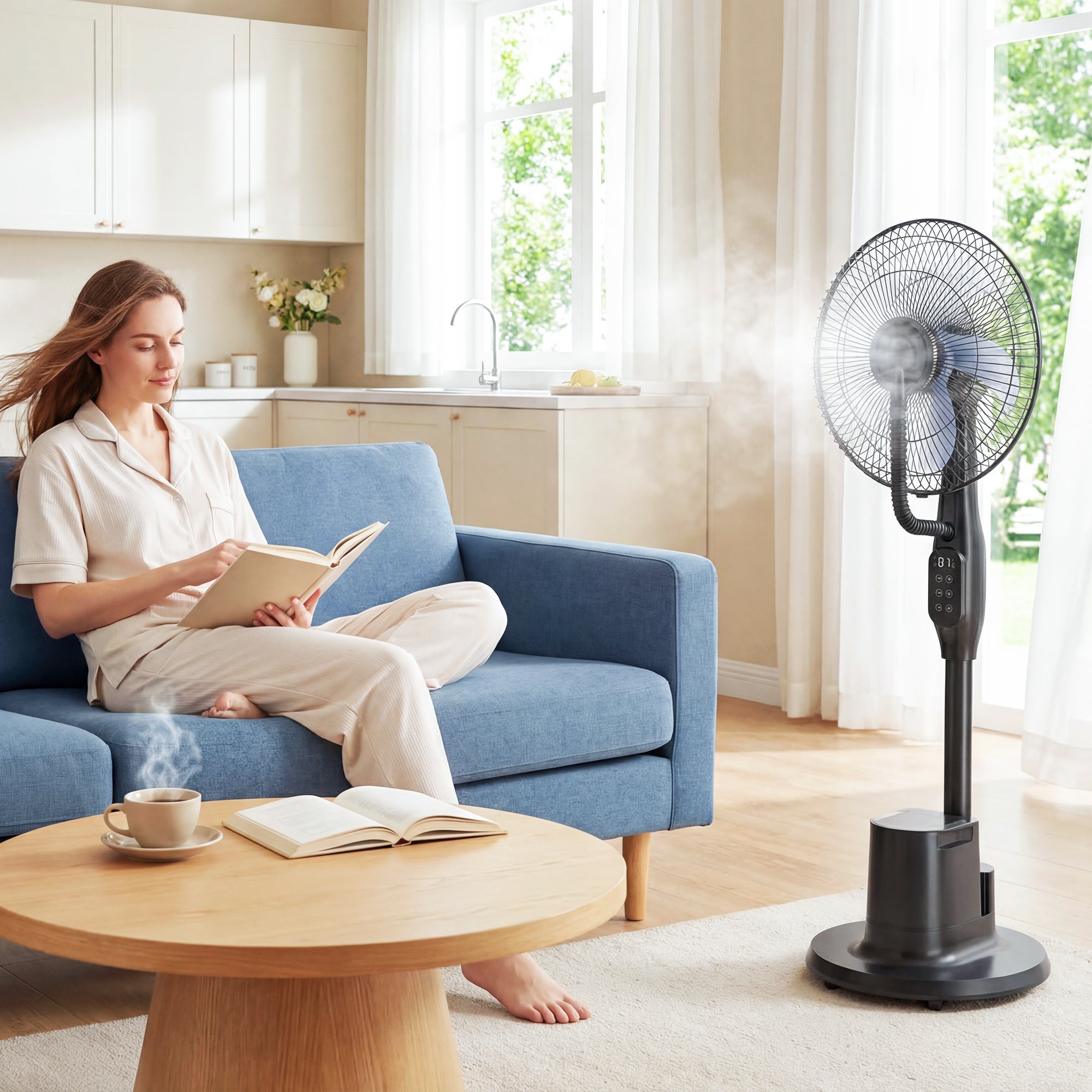 Ventilateur brumisateur silencieux 90 W, ventilateur sur pied 128 cm, oscillation 70°, 3 vitesses, 3 modes, réservoir d'eau 3,5 L, télécommande, minuterie 8 h, pour maison, bureau, noir