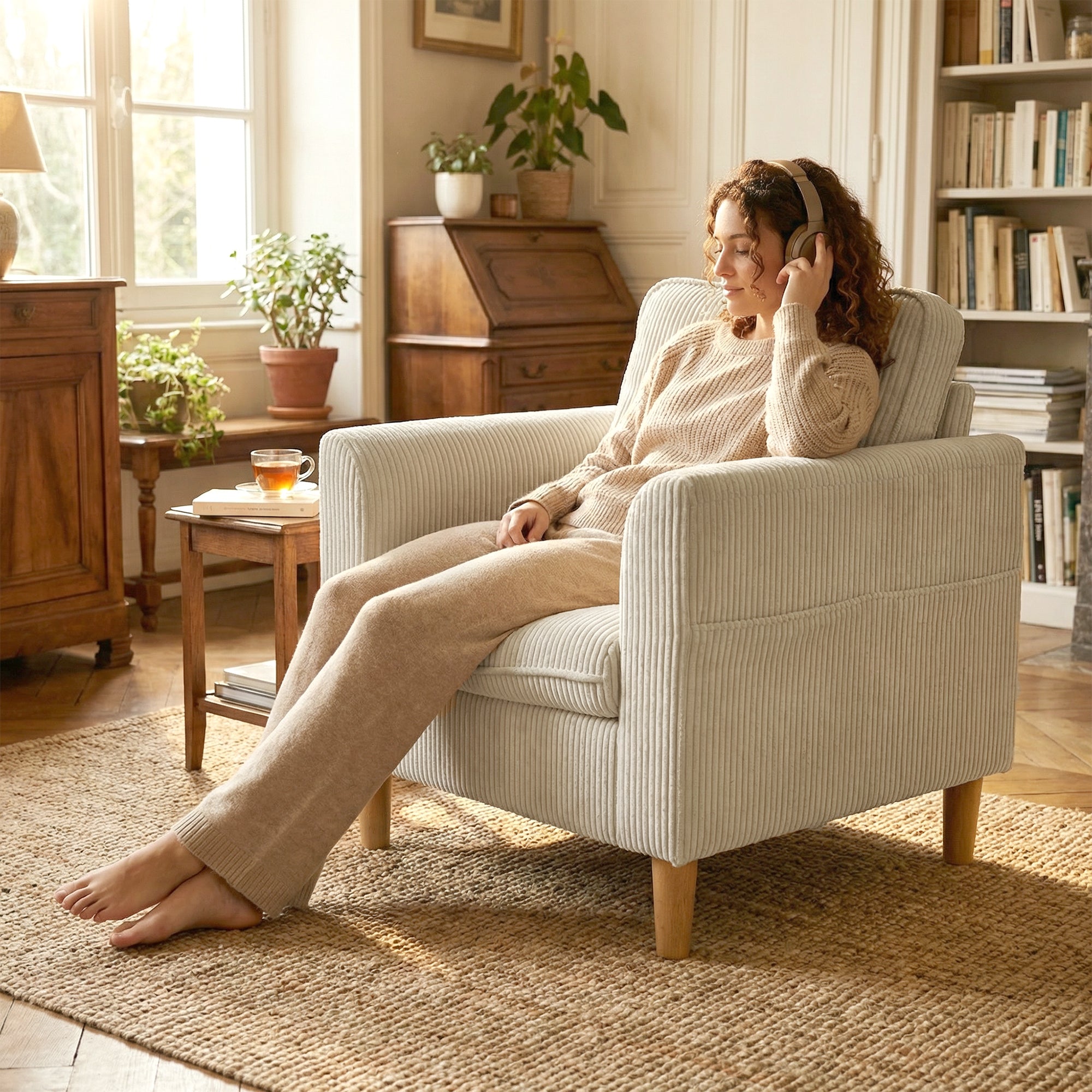 Fauteuil de salon en velours côtelé, canapé 1 place rembourré avec assise large et coussin à ressorts, style moderne, pour chambre, salon, petit espace, beige