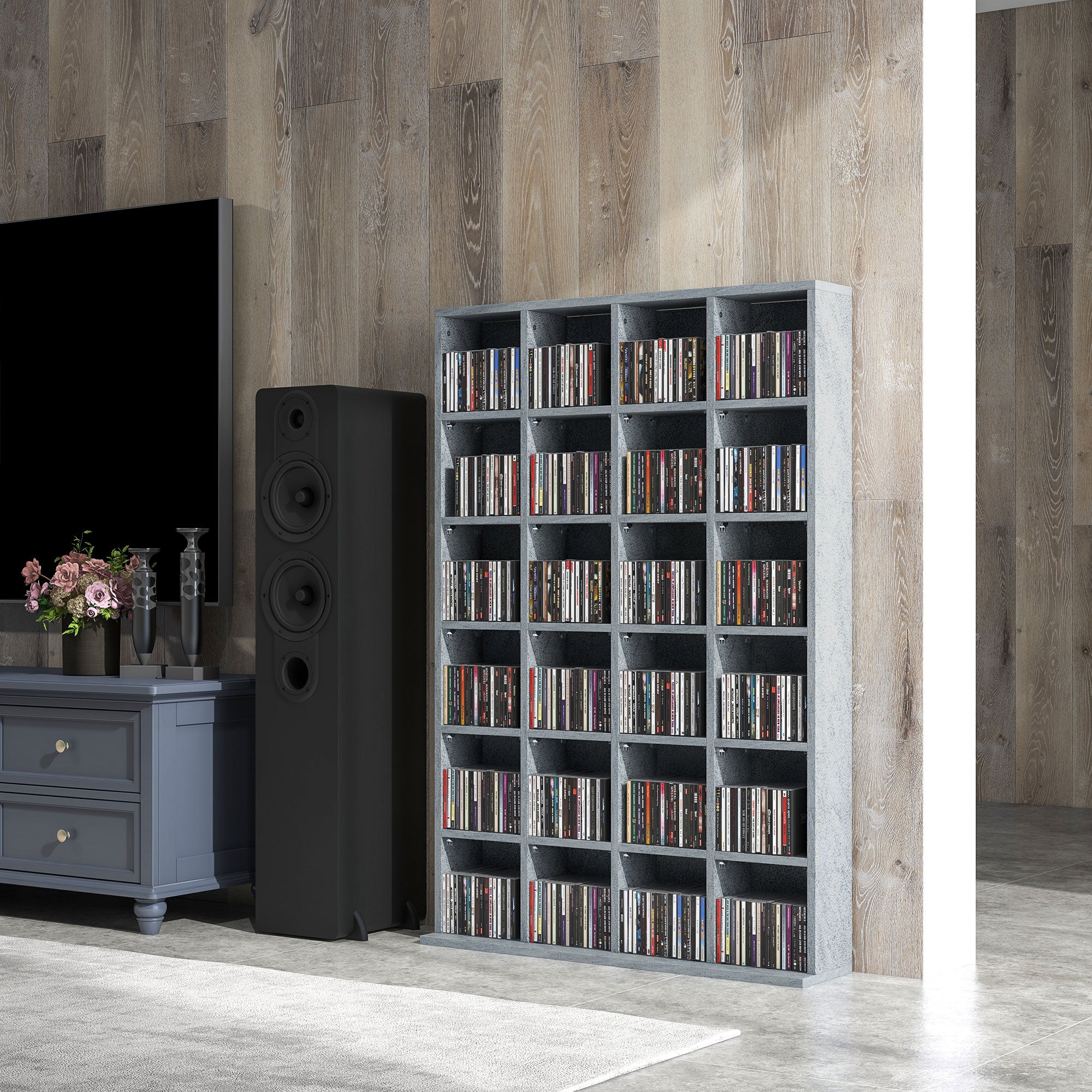 Rangements pour CD et DVD, meuble de rangement multimédia avec 24 compartiments, capacité max. 456 CD/ 336 DVD, bibliothèque en bois avec étagères réglables, 89 x 20 x 130,5 cm, gris