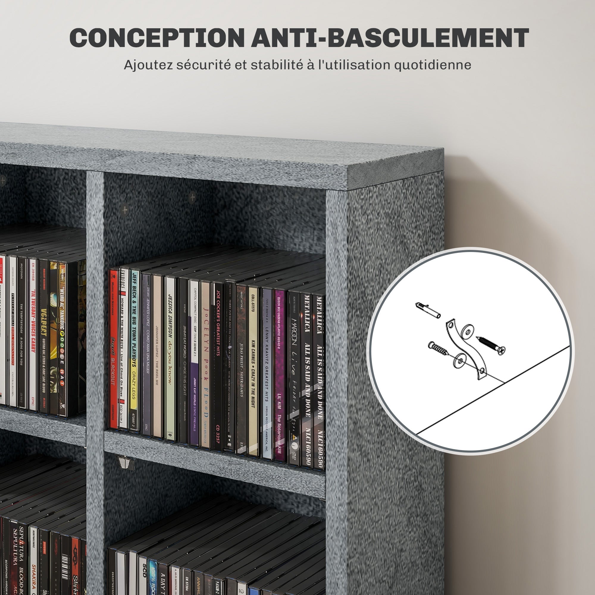 Rangements pour CD et DVD, meuble de rangement multimédia avec 24 compartiments, capacité max. 456 CD/ 336 DVD, bibliothèque en bois avec étagères réglables, 89 x 20 x 130,5 cm, gris
