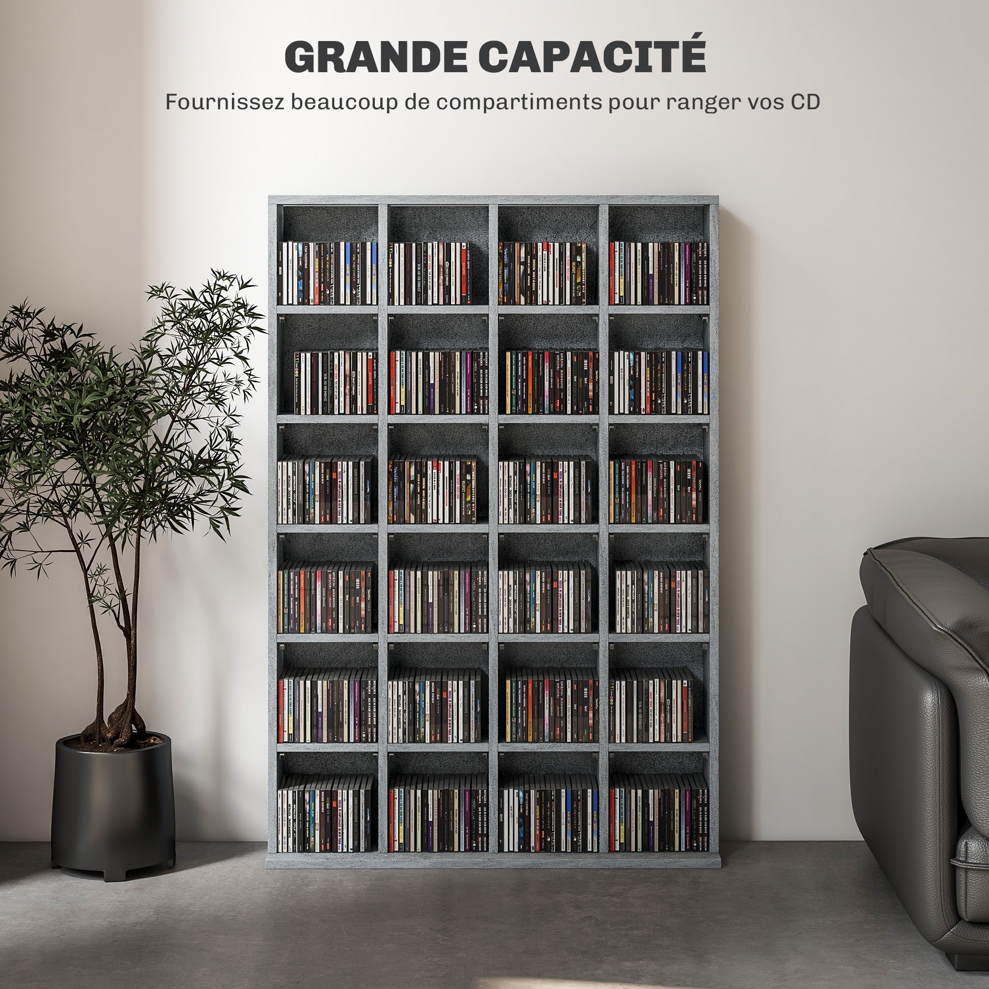 Rangements pour CD et DVD, meuble de rangement multimédia avec 24 compartiments, capacité max. 456 CD/ 336 DVD, bibliothèque en bois avec étagères réglables, 89 x 20 x 130,5 cm, gris
