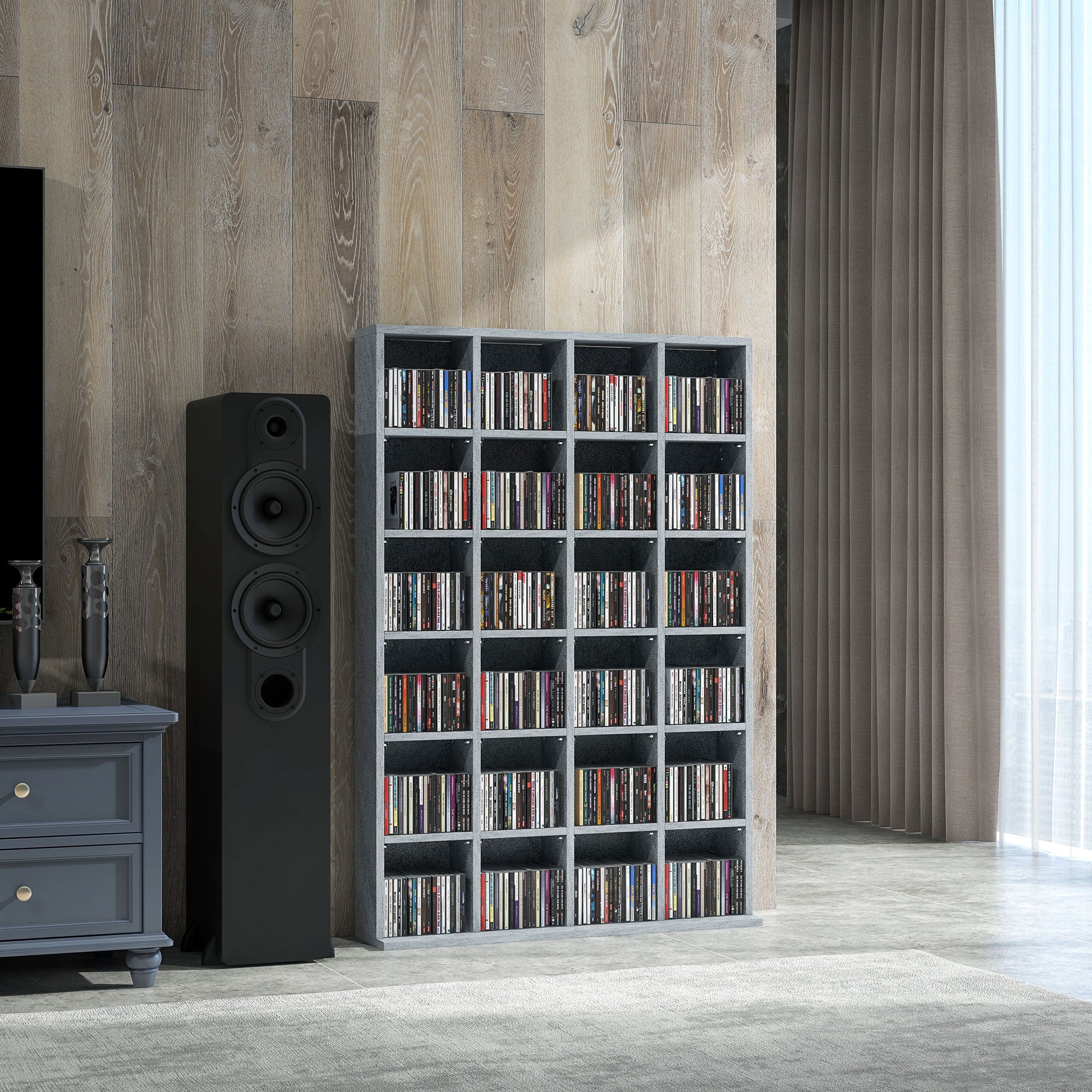 Rangements pour CD et DVD, meuble de rangement multimédia avec 24 compartiments, capacité max. 456 CD/ 336 DVD, bibliothèque en bois avec étagères réglables, 89 x 20 x 130,5 cm, gris