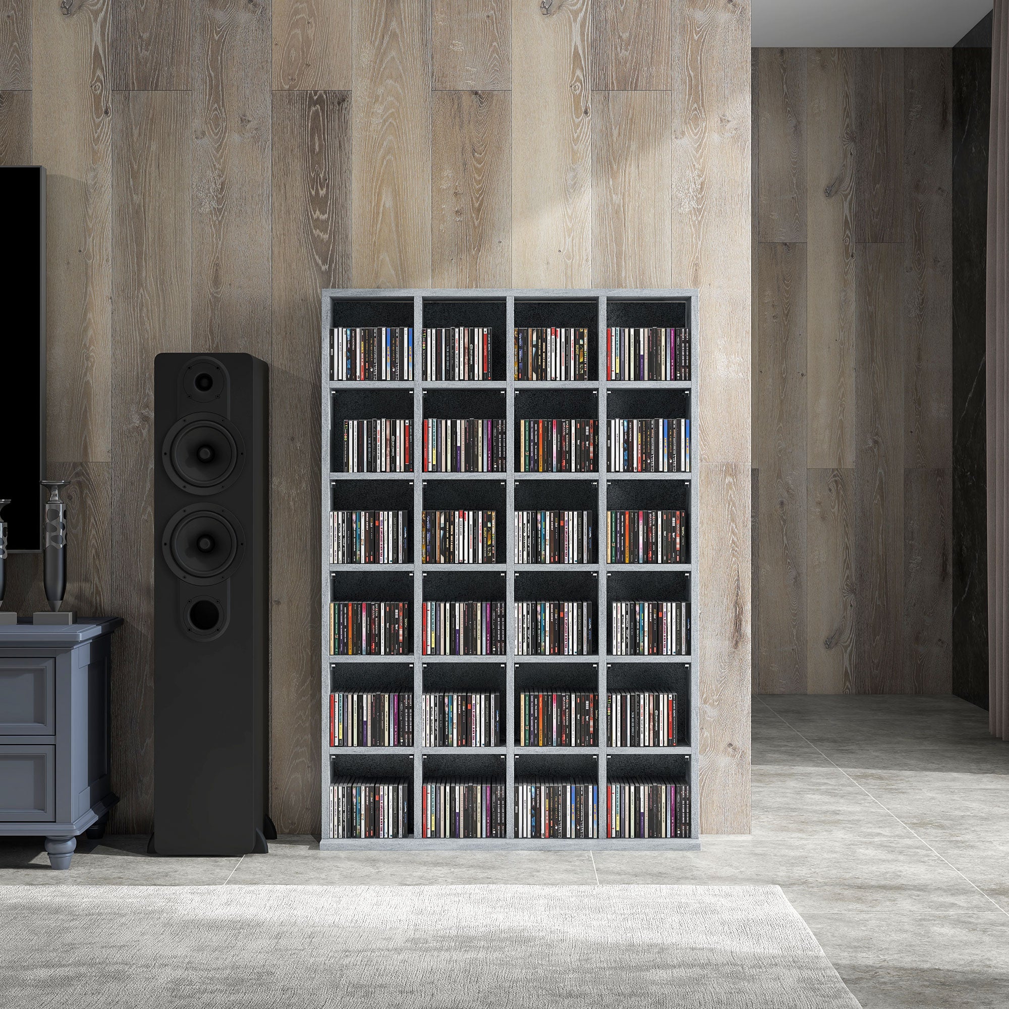 Rangements pour CD et DVD, meuble de rangement multimédia avec 24 compartiments, capacité max. 456 CD/ 336 DVD, bibliothèque en bois avec étagères réglables, 89 x 20 x 130,5 cm, gris