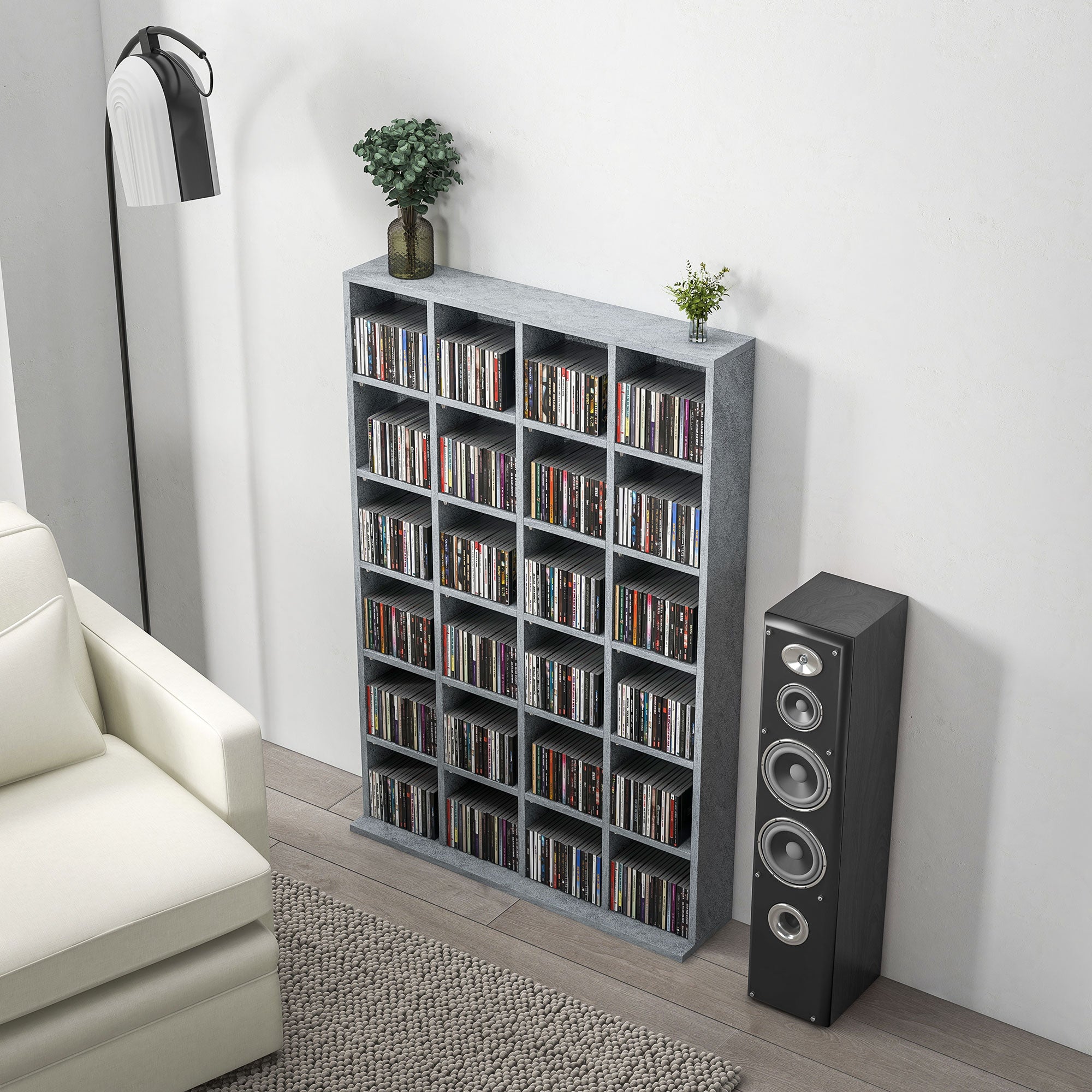 Rangements pour CD et DVD, meuble de rangement multimédia avec 24 compartiments, capacité max. 456 CD/ 336 DVD, bibliothèque en bois avec étagères réglables, 89 x 20 x 130,5 cm, gris