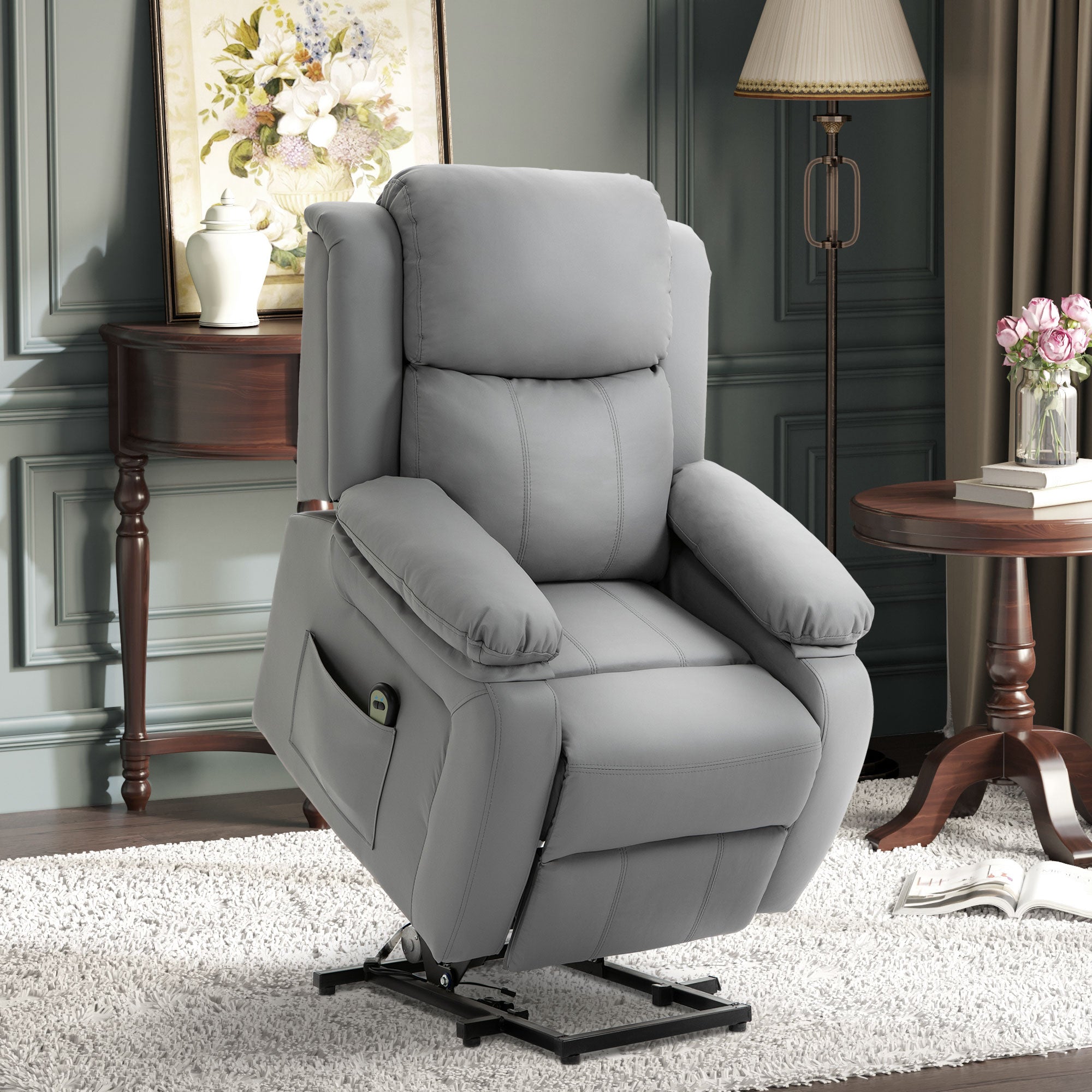 Fauteuil releveur électrique, fauteuil relax électrique, pour personne âgées, revêtement synthétique, avec repose-pied, télécommande et 2 pochettes, pour salon, chambre, bureau, gris
